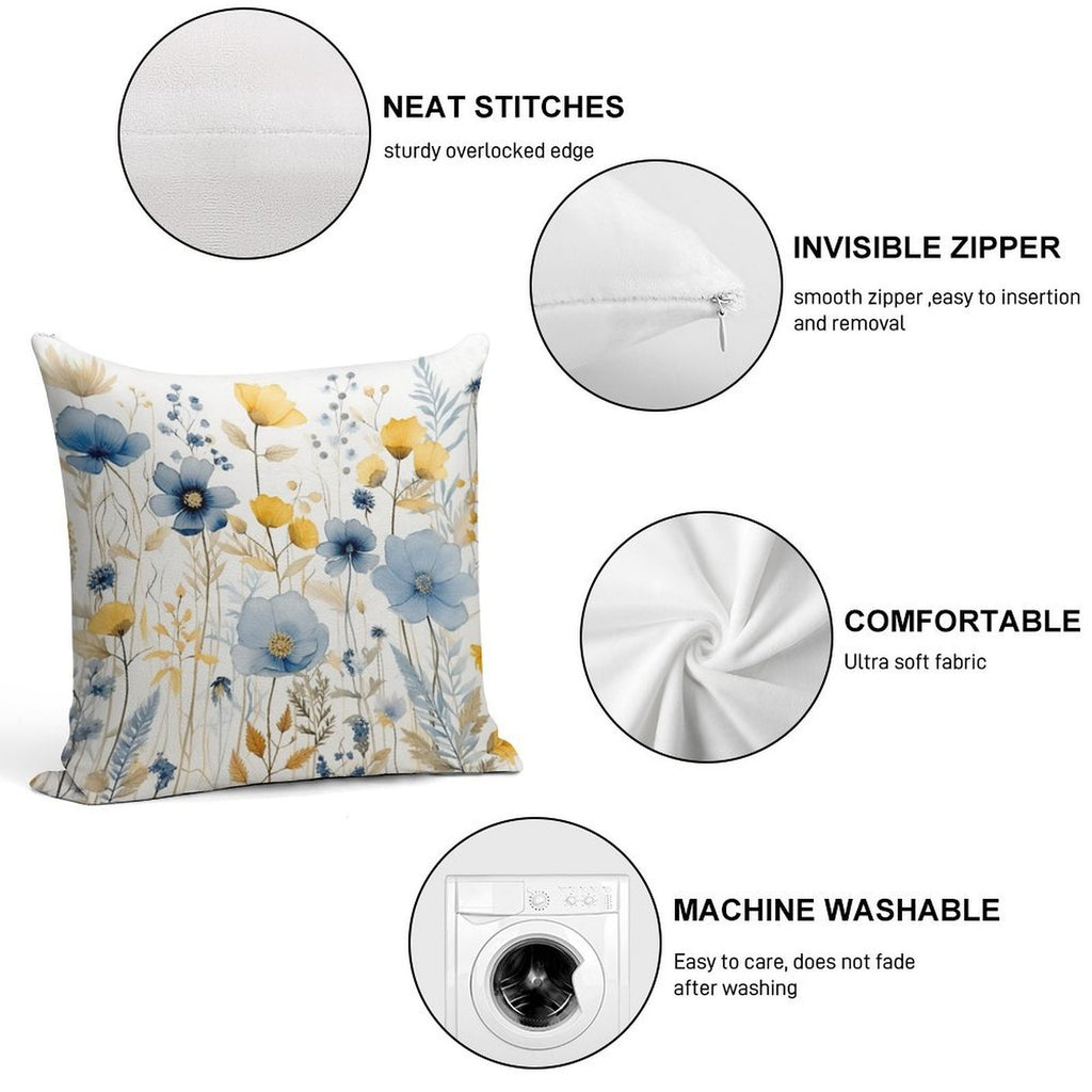 Blue And Yellow Wildflowers, Watercolour  Boho Flowers Soft Ultra-Soft Texture Throw Pillow