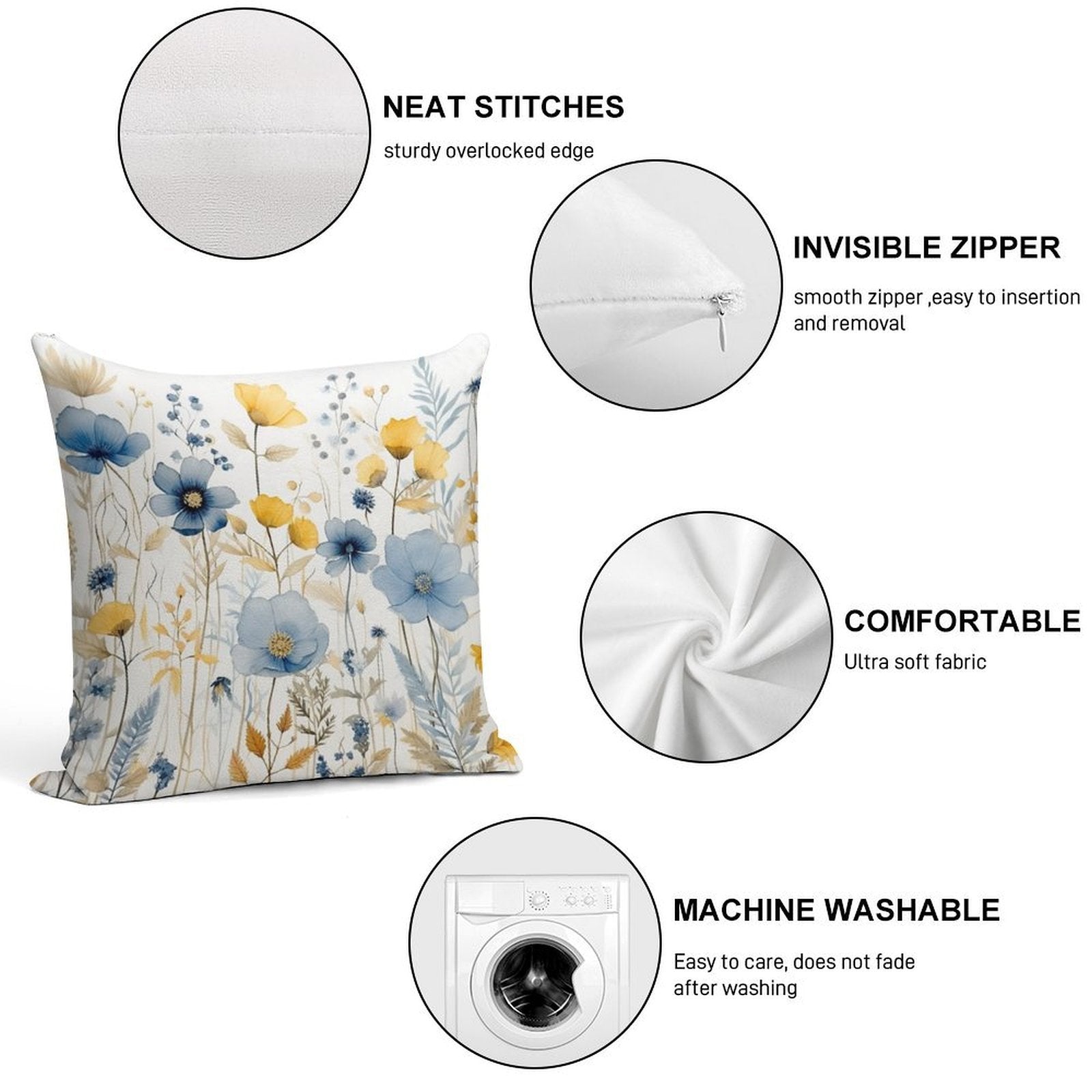 Blue And Yellow Wildflowers, Watercolour  Boho Flowers Soft Ultra-Soft Texture Throw Pillow