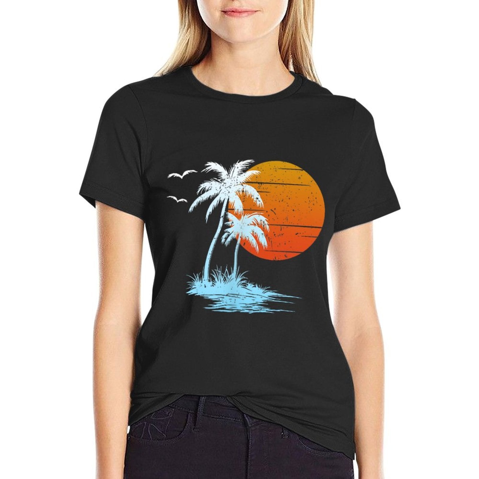Cool Summer Vacation Men Women Island Sunset Beach Palm Tree  Slim-fit Cut T-Shirt