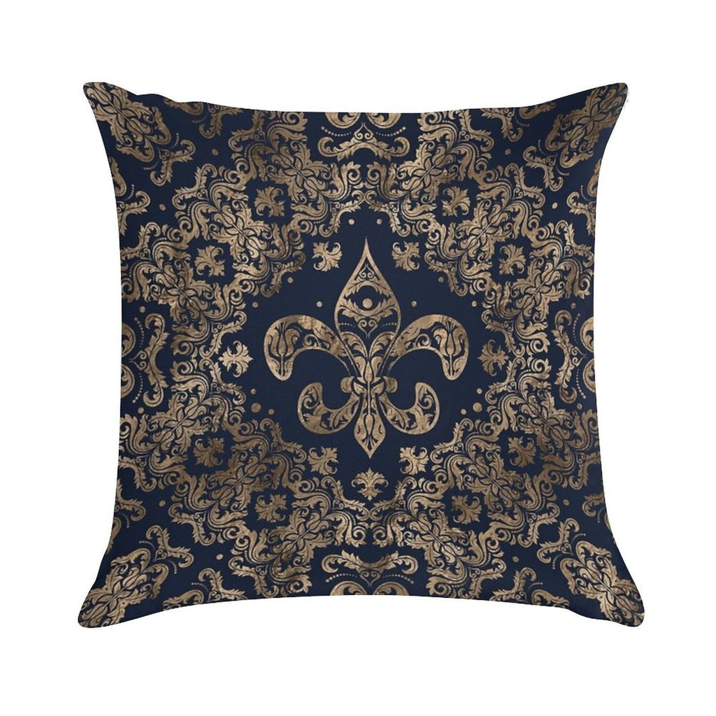 Luxury Fleur-de-lis Ornament - Gold And Dark Blue Soft Short Plush Fabric Throw Pillow