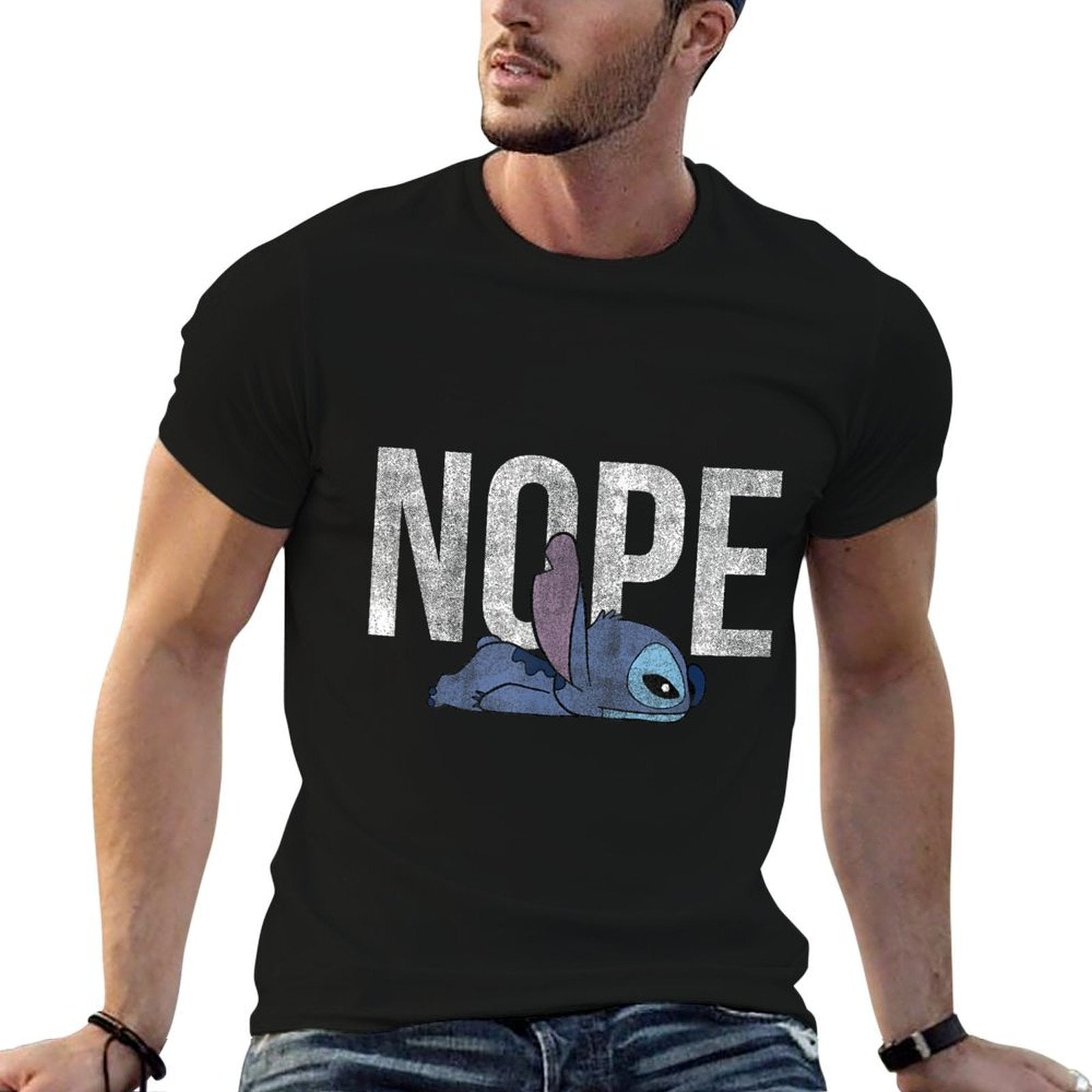 Disney Lilo  Stitch Big NOPE Laying Down  Ribbed Collar T-Shirt