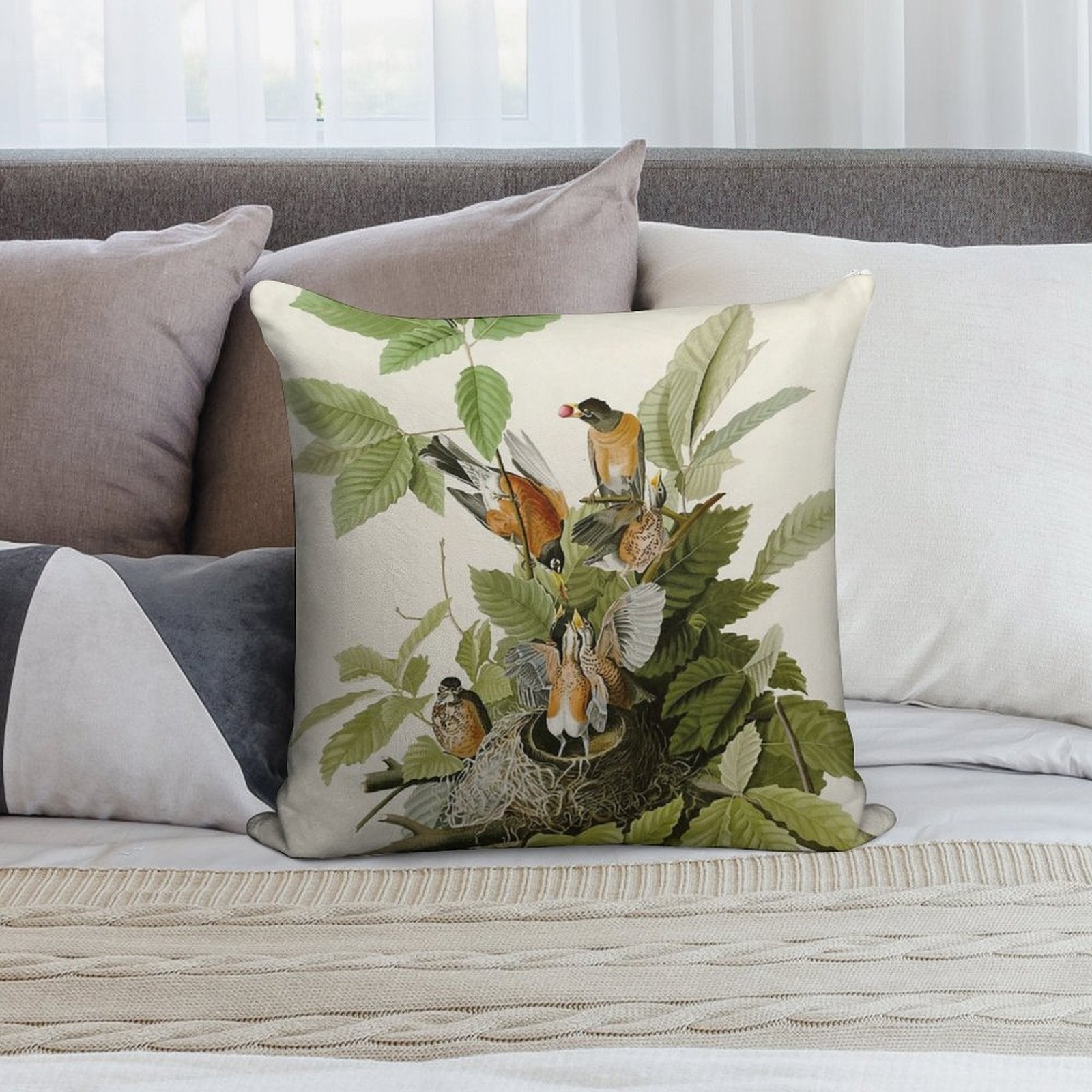 American Robin - John James Audubon Birds of America Soft Washable Throw Pillow