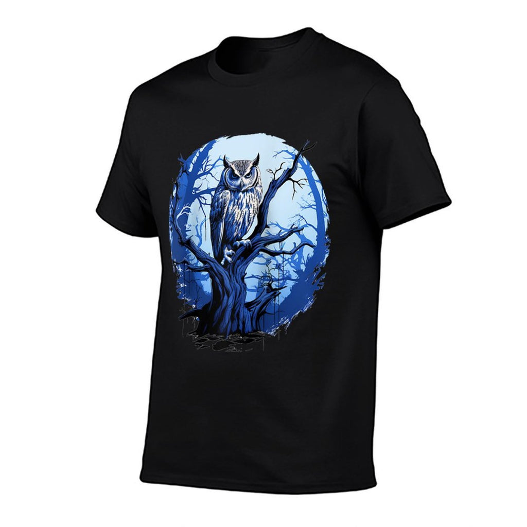 Twilight Blue Impressionist Owl on Skeletal Tree Raglan Baseball  Eco-friendly Material T-Shirt