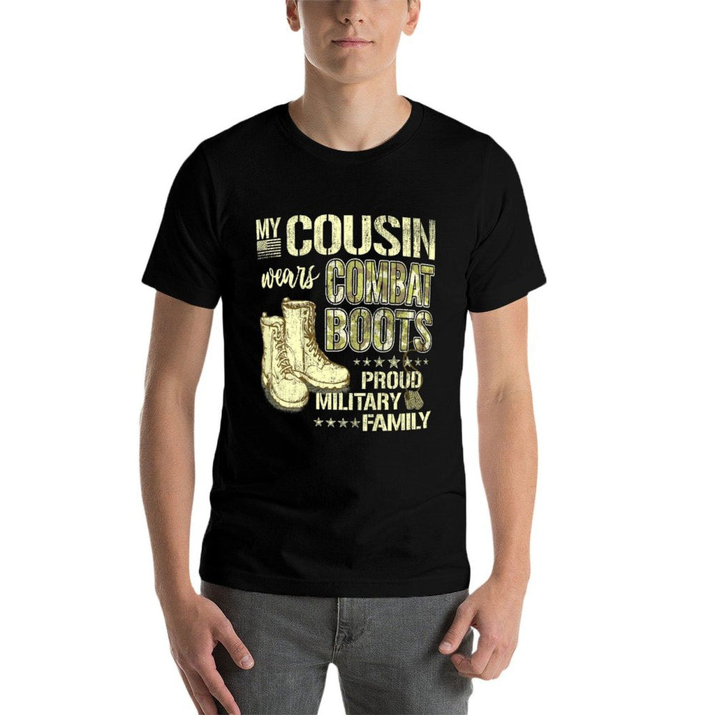 My Cousin Wears Combat Boots Dog Tags Proud Military Family  Relaxed-fit T-Shirt