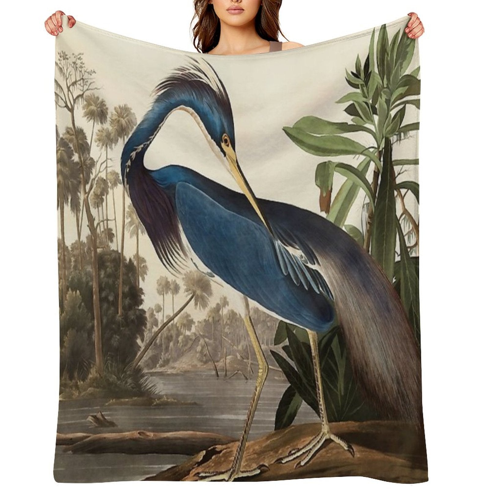 Blue Heron Vintage Tropical Bird Eco-conscious Throw Blanket