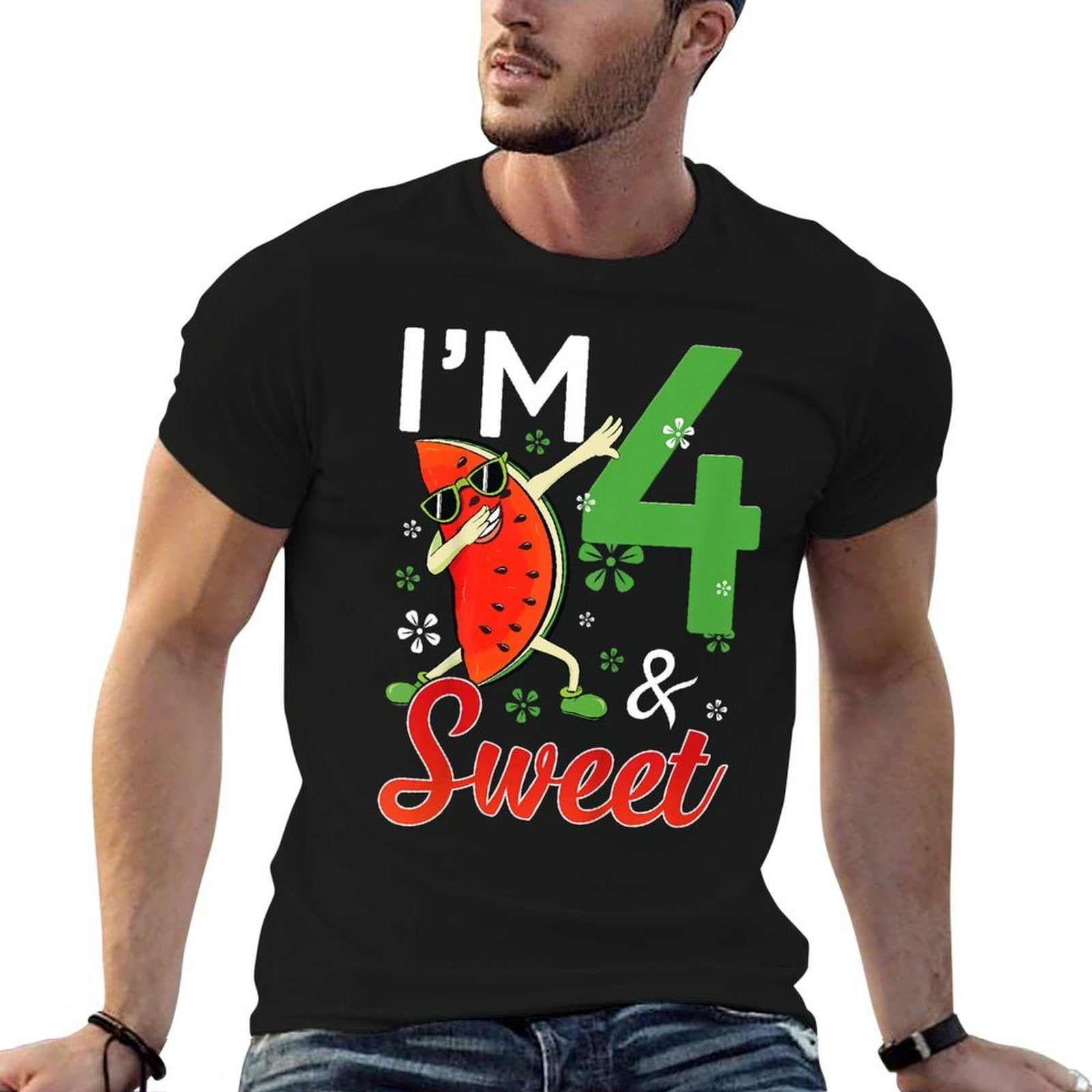 Kids Cute I'm 4 Years Old & Sweet Dabbing Watermelon 4th Birthday  Summer-ready Fabric T-Shirt