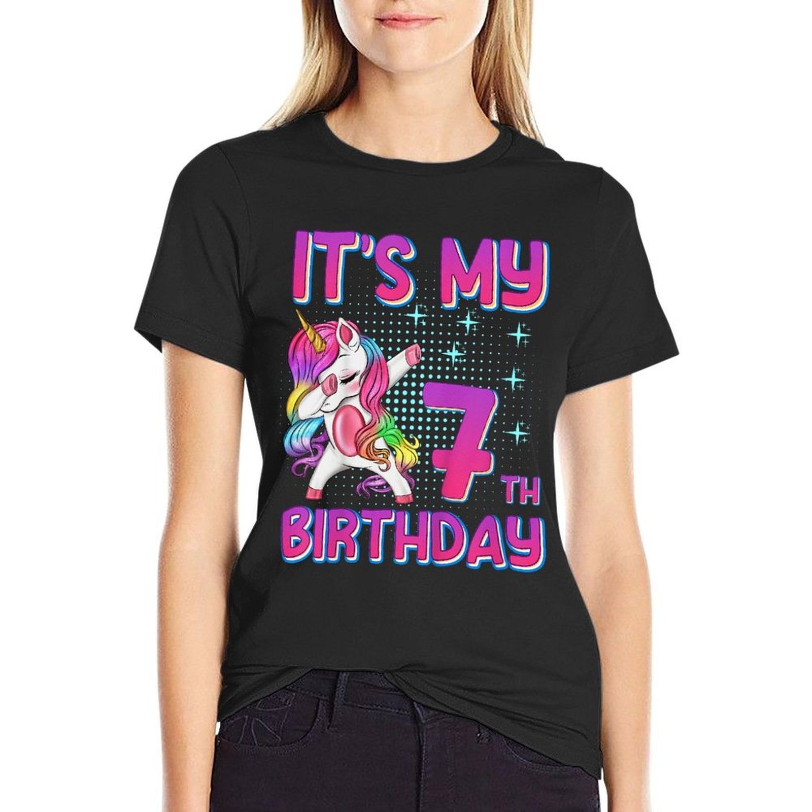 Kids 7th Birthday Girl Unicorn Seven Year Old  Cotton T-Shirt