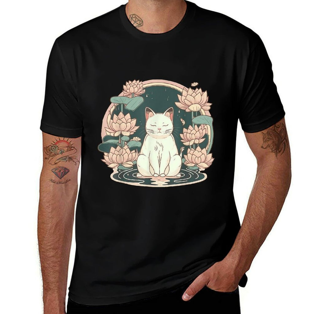 Yoga Meditation Spiritual Zen Lotus Cat on Lotus Flower  Cotton T-Shirt