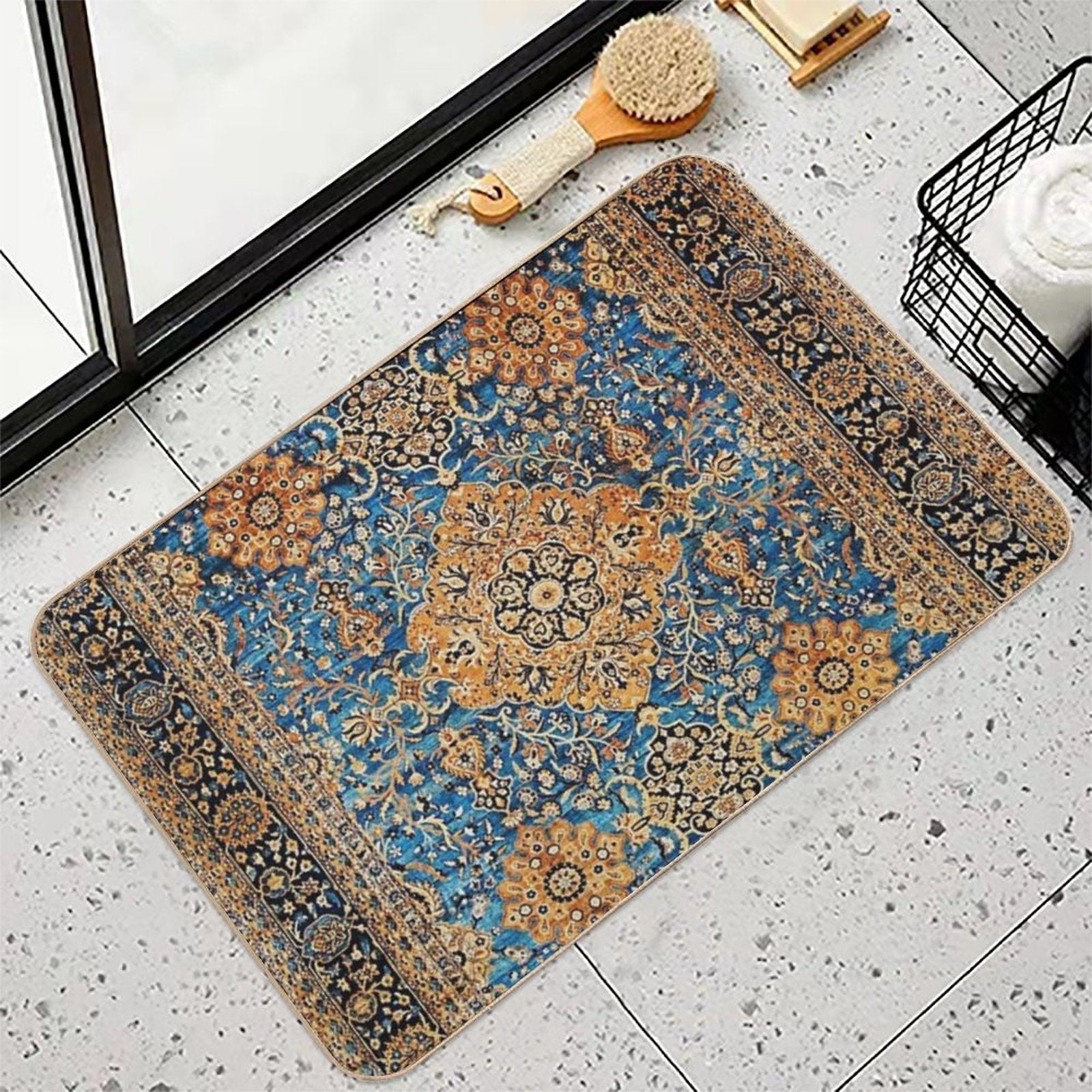 Antique Blue Persian Kirman Rug Print  Slip-Resistant Bath Mat