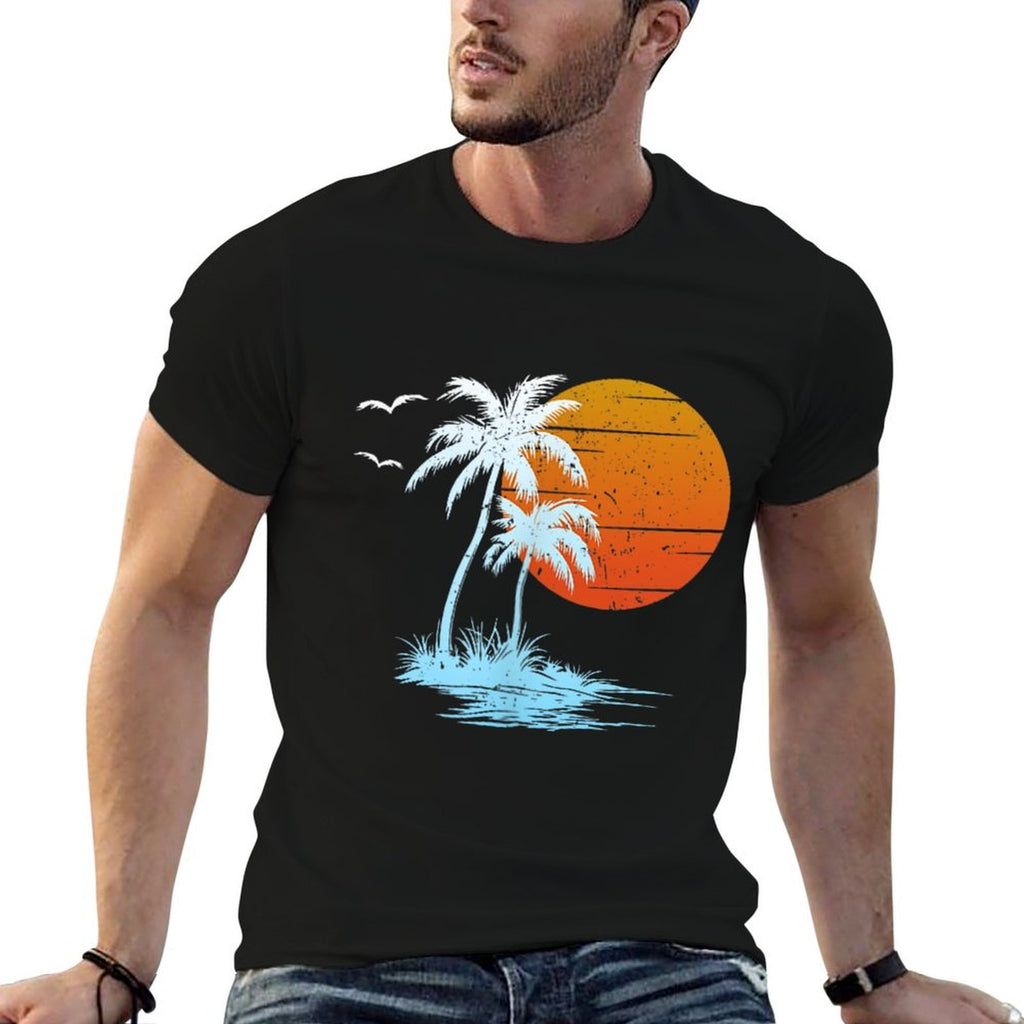 Cool Summer Vacation Men Women Island Sunset Beach Palm Tree  Slim-fit Cut T-Shirt
