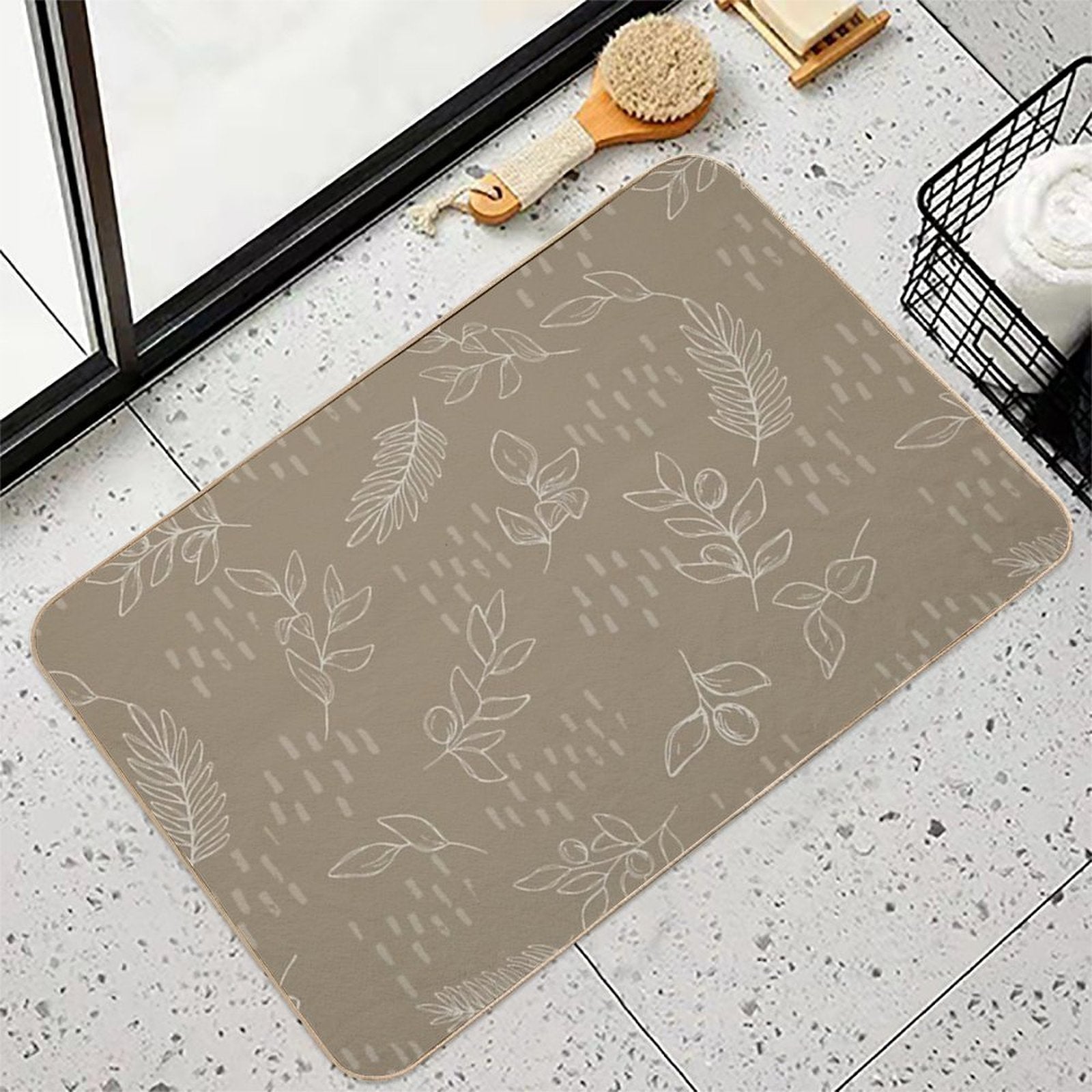 Beige Botanical Line Art  Fade-Resistant Bath Mat