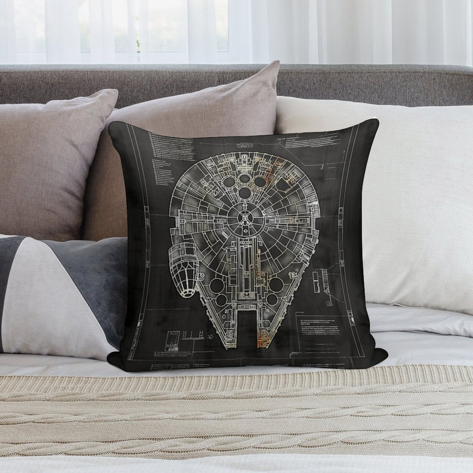 Millennium Falcon Star Wars Starship Blueprint Fan Art Soft Washable Throw Pillow