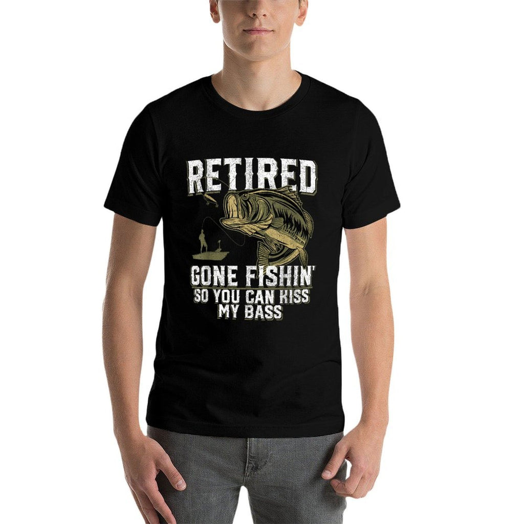 Funny Bass Fishings & Gifts For Men Retired Gone Fishin' Unisex Adult Humor Bass Fishing Black Medium  Fade-proof Color T-Shirt