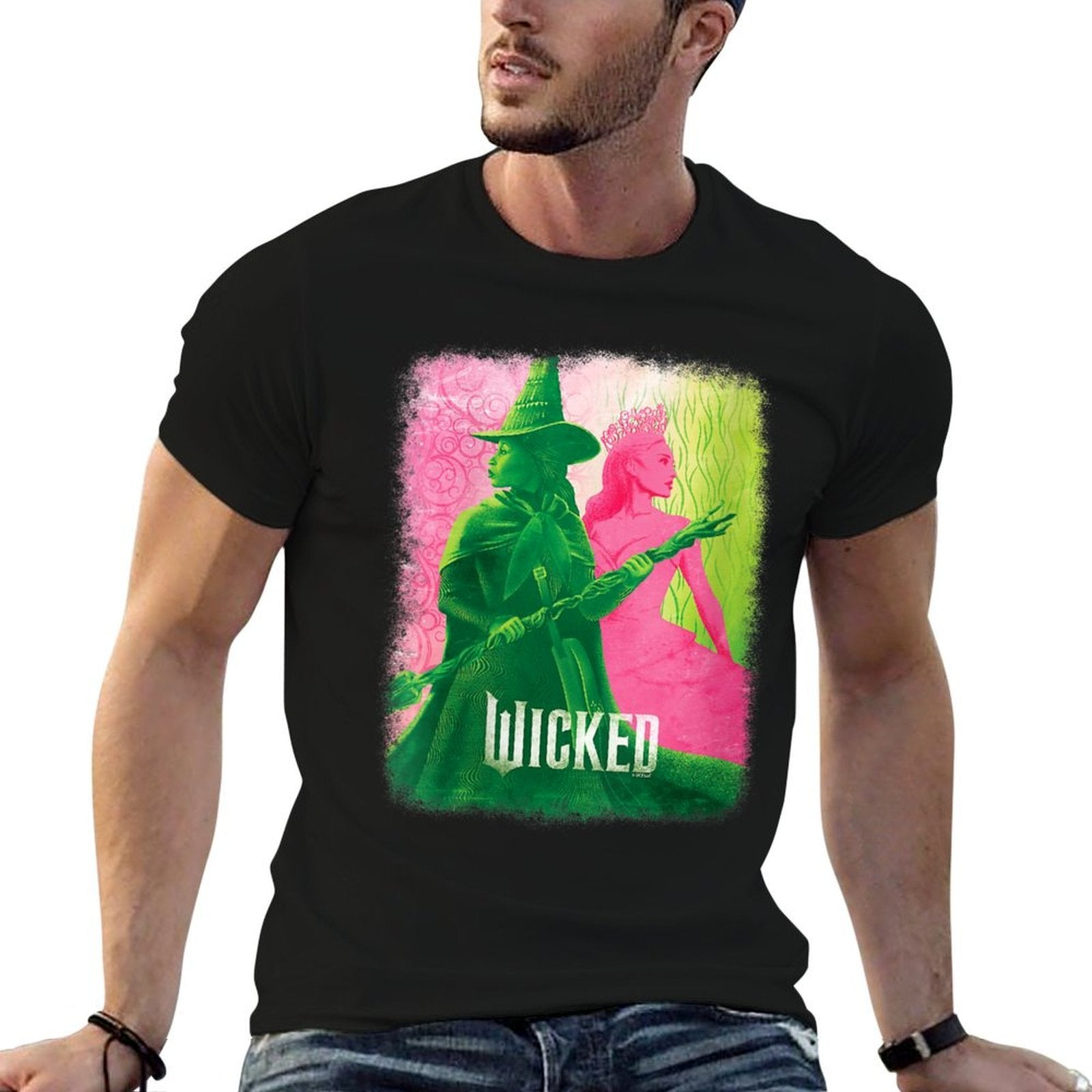 Womens Wicked Elphaba & Glinda Tonal V-Neck  Rolled Sleeves T-Shirt