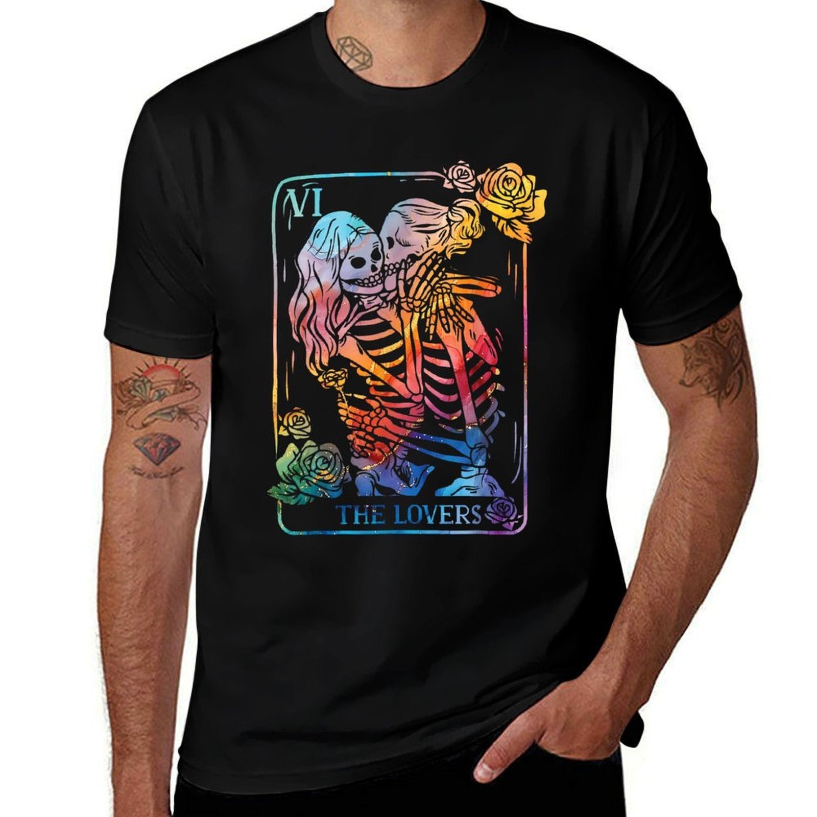 The Lovers Tarot Card Occult Goth Kissing LGBT Rainbow Pride  Cotton T-Shirt