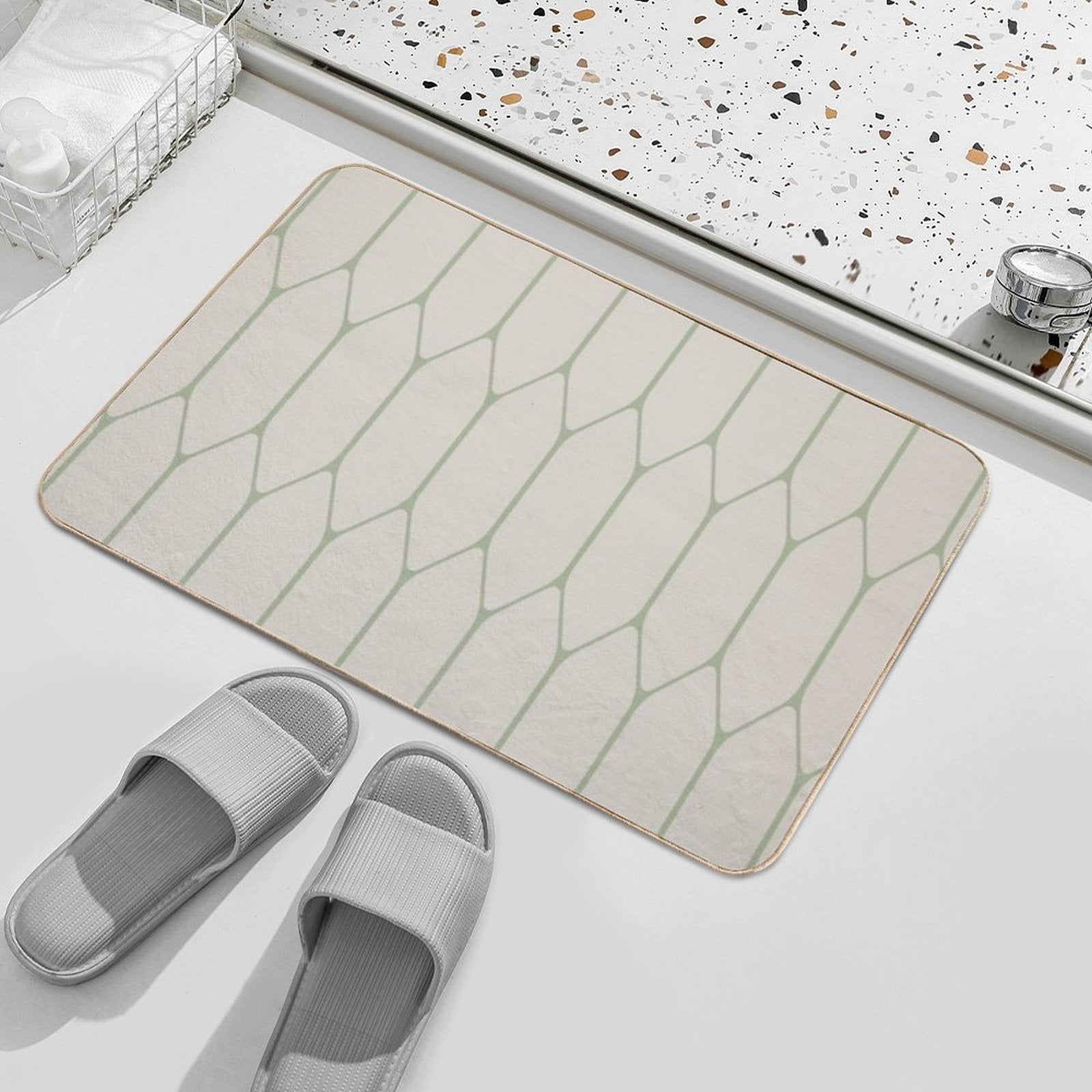 Long Honeycomb Minimalist Geometric Pattern in Beige And Sage Durable Bath Mat