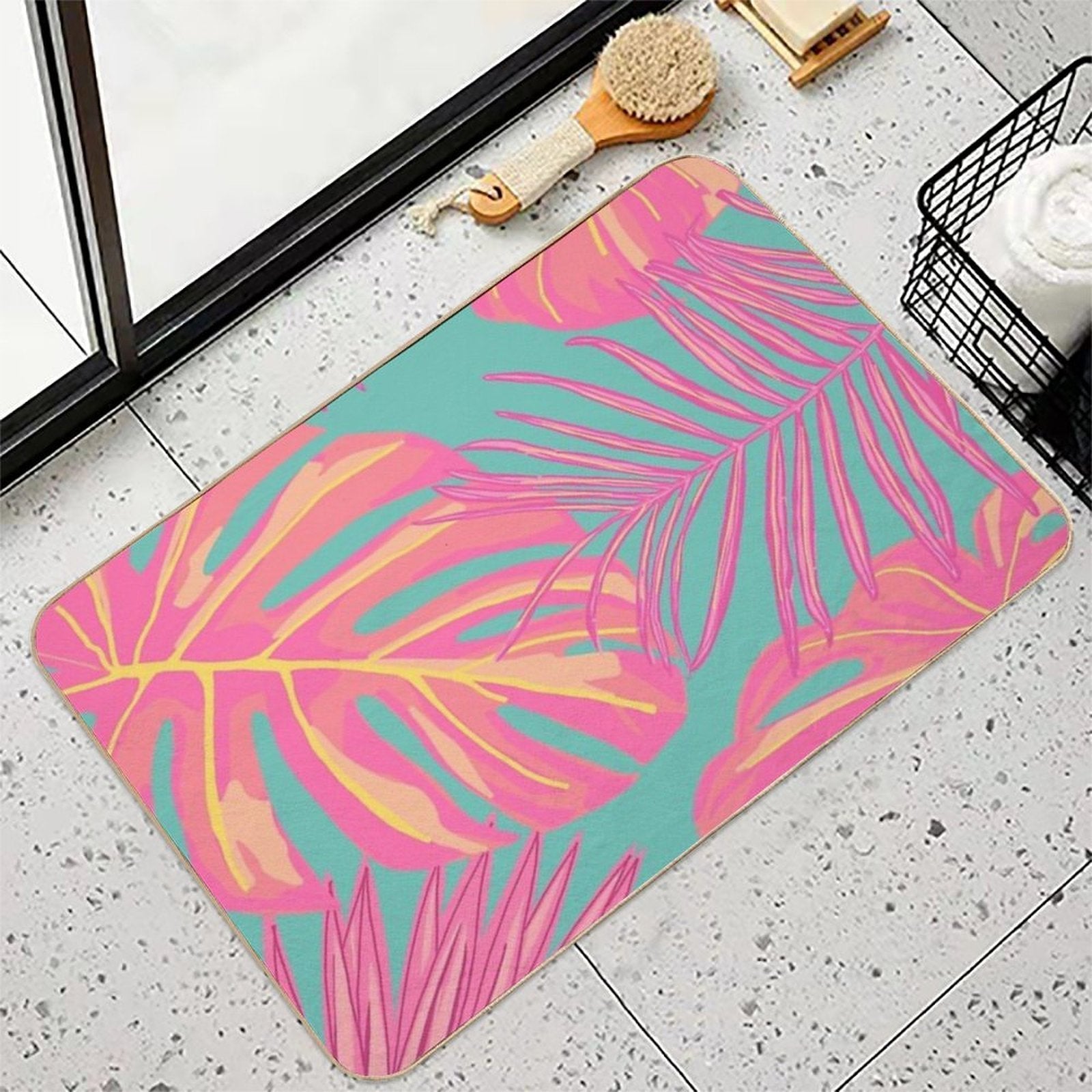Tropical Leaves in Pink And Turquoise  Easy To Clean Bath Mat