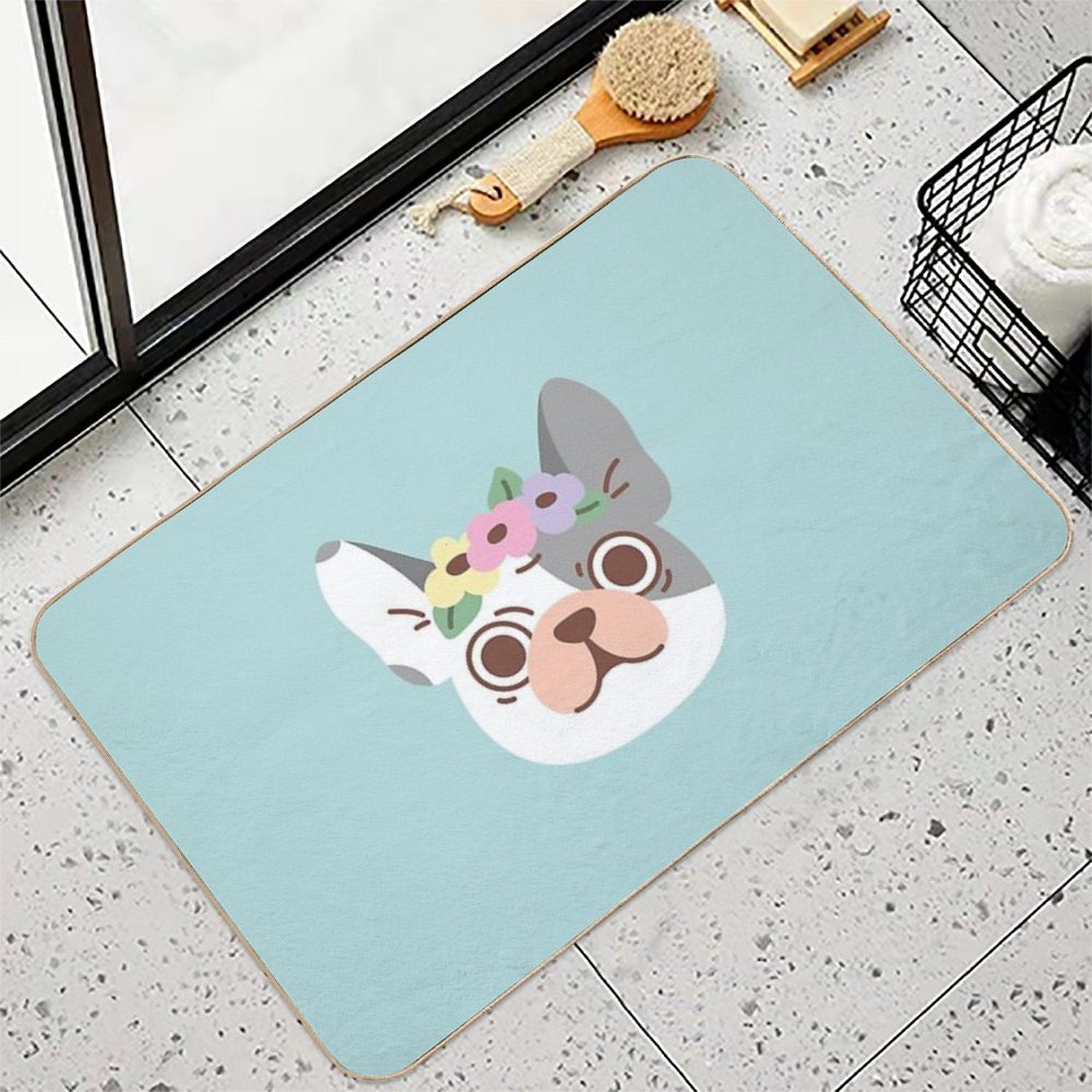French Bulldog And Flowers  Pet-Safe Bath Mat