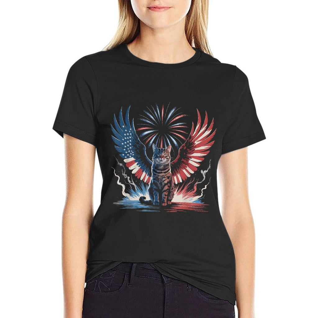 Patriotic Cat with Wings 4th of July Fireworks Design  Summer-ready Fabric T-Shirt