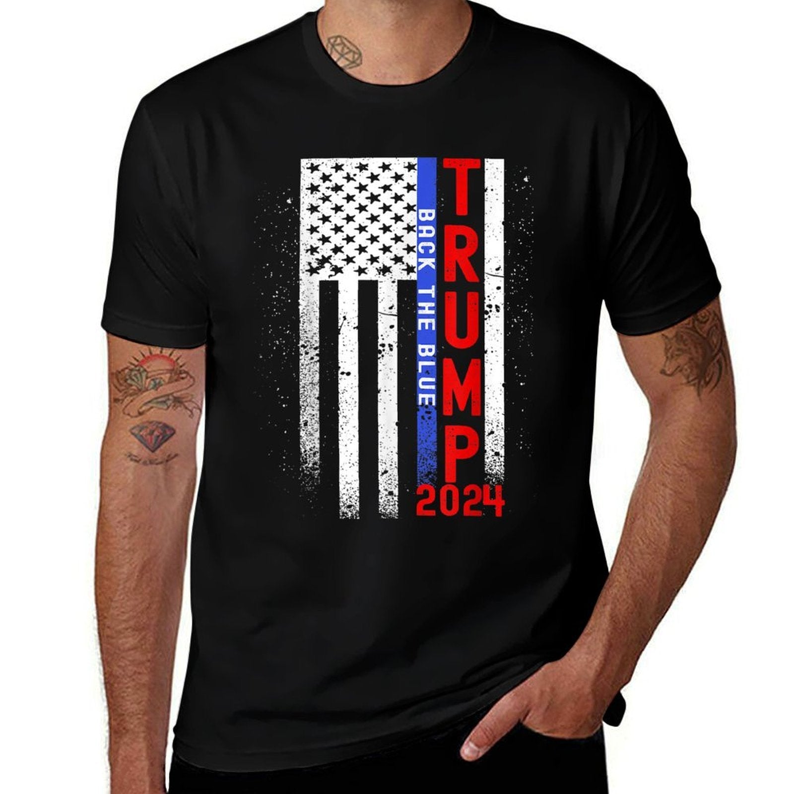 Trump 2024 Back The Blue Thin Blue Line American Flag  Heathered Texture T-Shirt