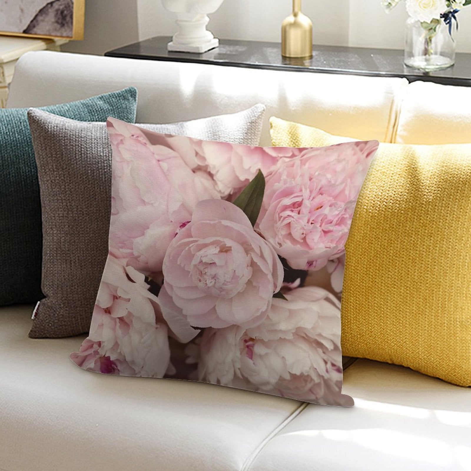 Pink Peony Flowers Soft Hidden Zipper Throw Pillow