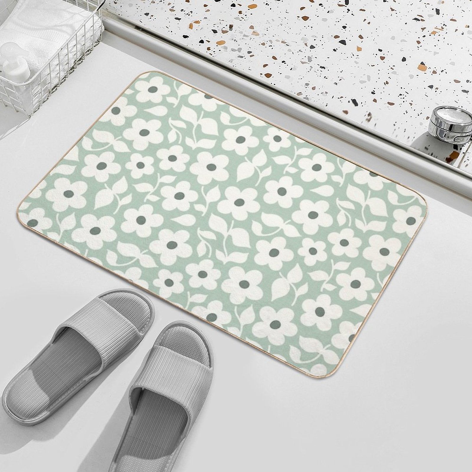 Bold Retro Daisy Flowers – Sage Green – Playful Floral Design  Rapid-Drying Bath Mat