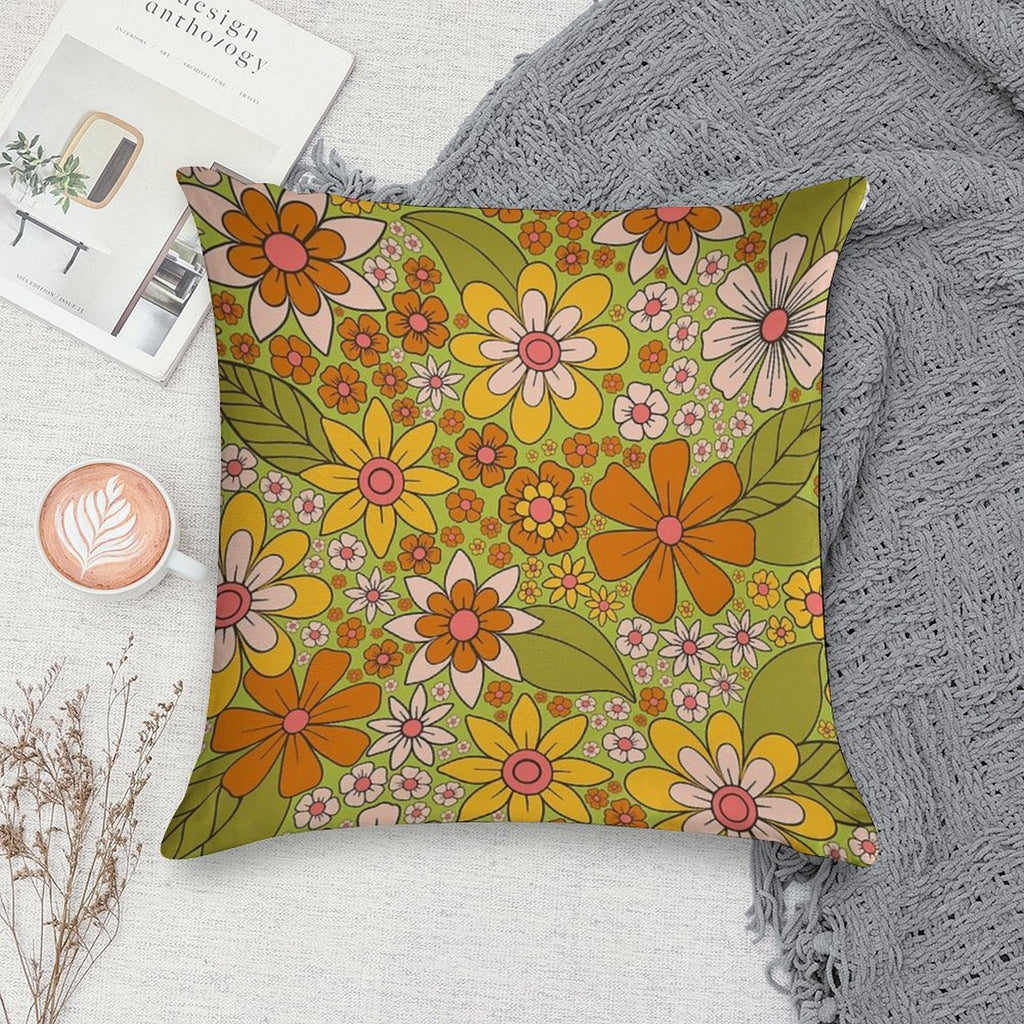 1960s, 1970s Retro Floral in Green, Pink & Orange - Flower Power Soft High-Density Material Throw Pillow
