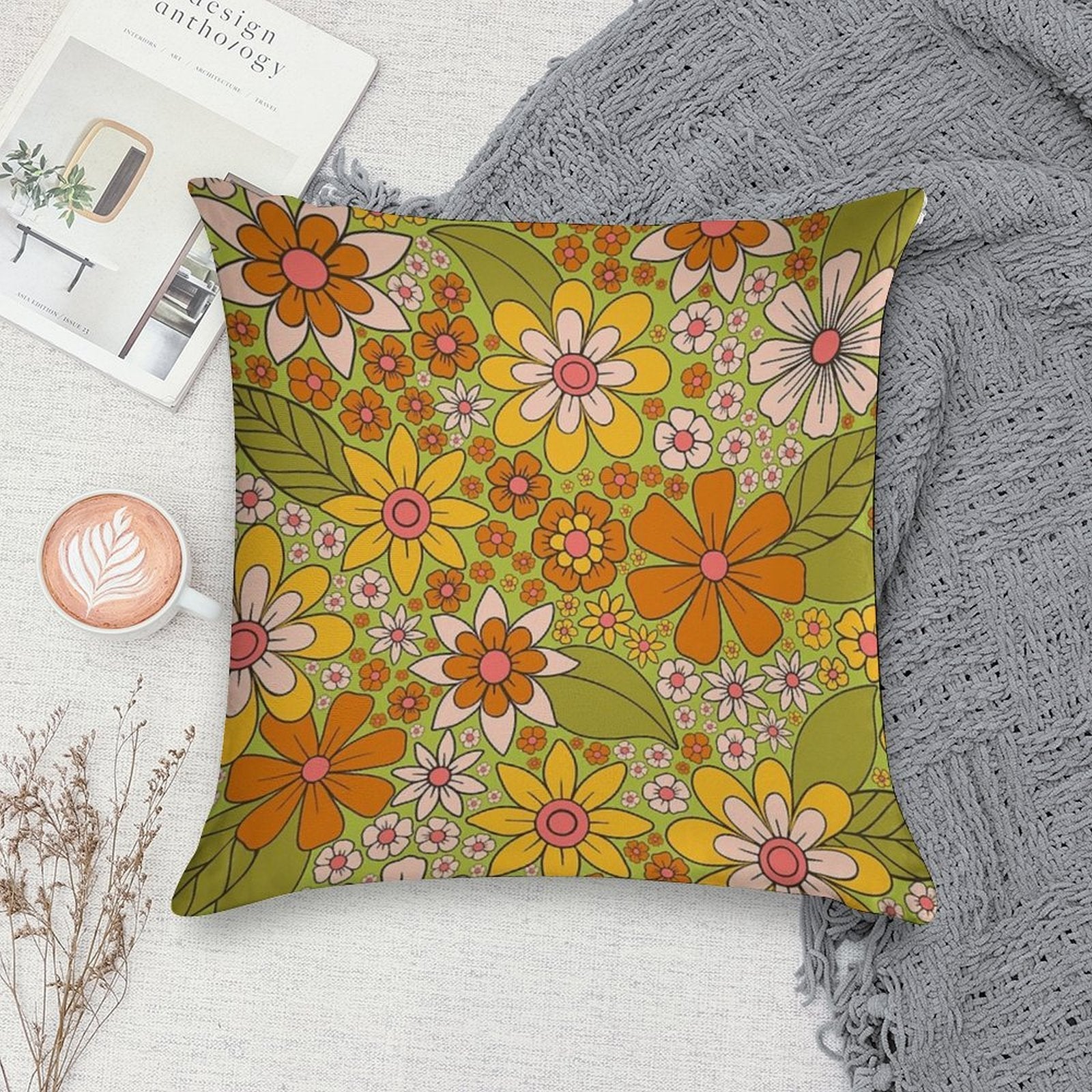 1960s, 1970s Retro Floral in Green, Pink & Orange - Flower Power Soft High-Density Material Throw Pillow