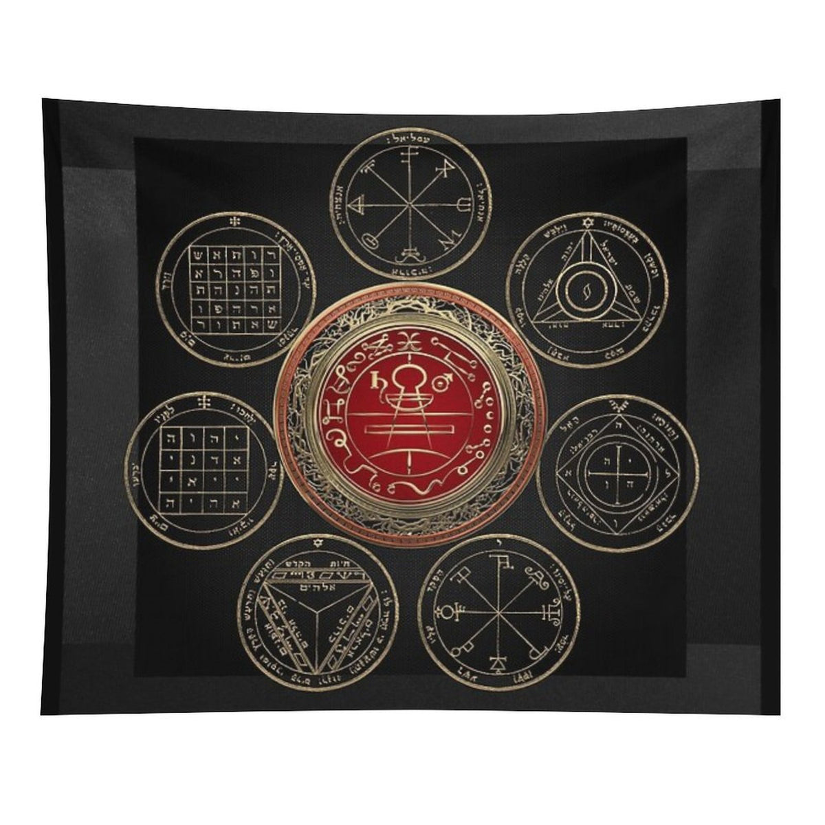 Gold Seal of Solomon over Seven Pentacles of Saturn on Black Canvas Tapestry