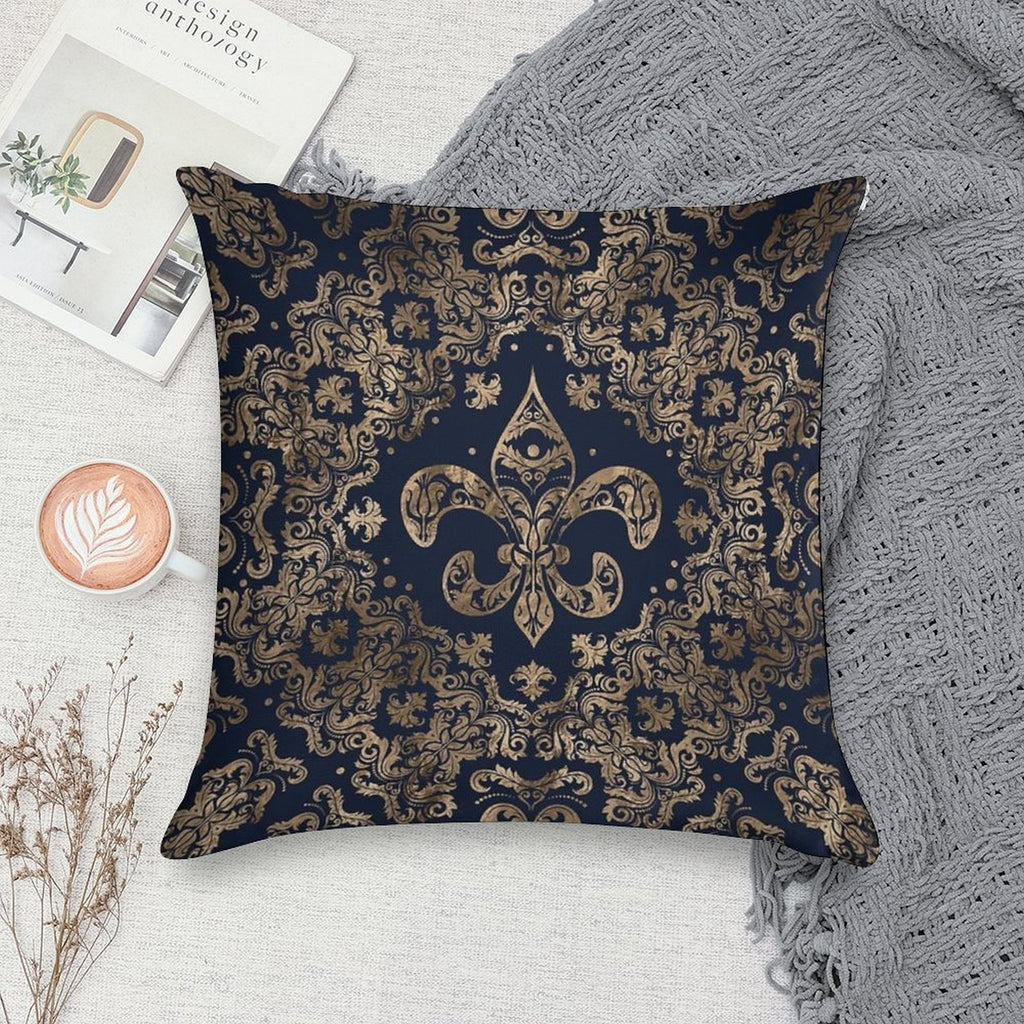Luxury Fleur-de-lis Ornament - Gold And Dark Blue Soft Short Plush Fabric Throw Pillow
