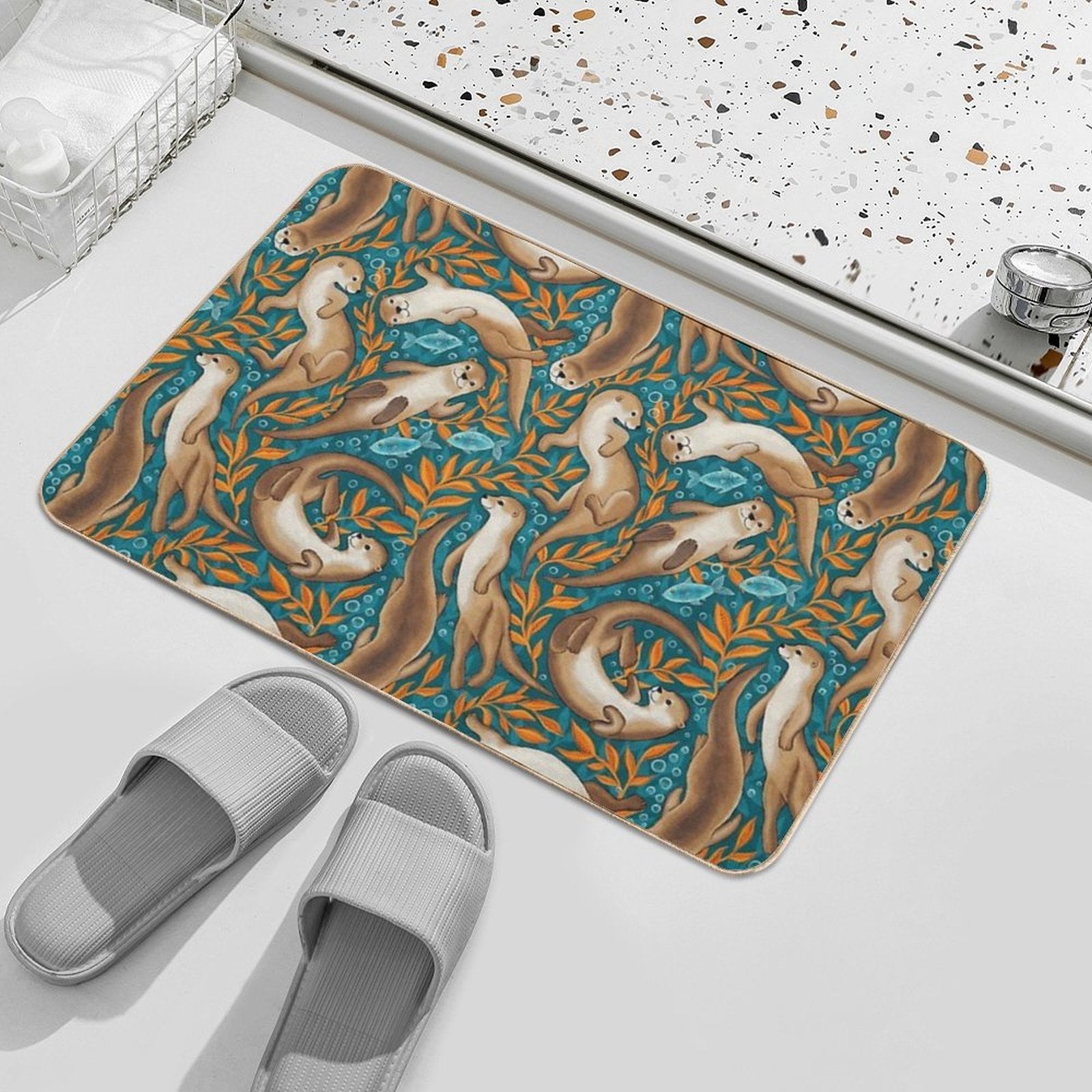 Sweet Swimming Otters in Dark Teal And Orange Gouache  Odorless Bath Mat
