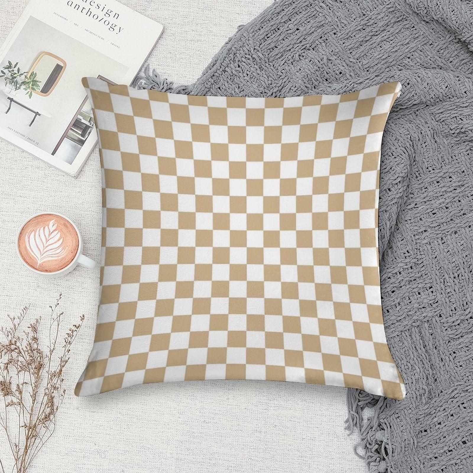 White And Tan Brown Checkerboard Soft High-Density Material Throw Pillow