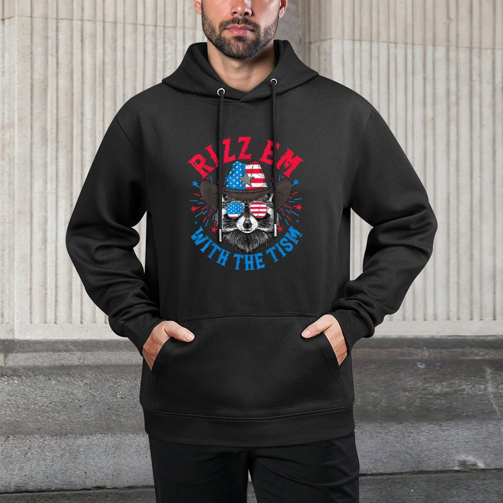 Rizz Em With The Tism Raccoon 4th of July Funny Autism Meme Machine Washable Hoodie