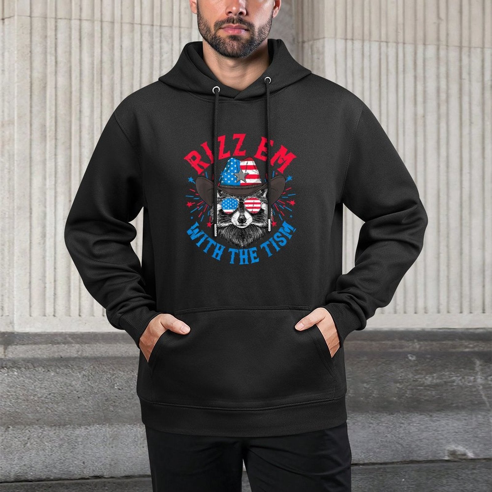 Rizz Em With The Tism Raccoon 4th of July Funny Autism Meme Machine Washable Hoodie