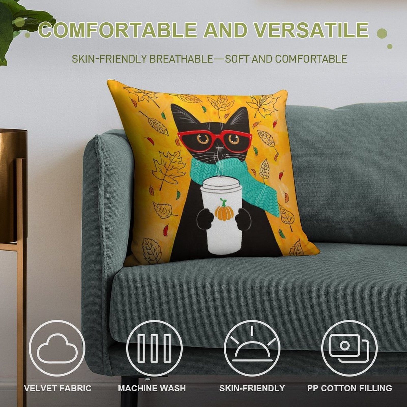 Autumn Pumpkin Coffee Cat Soft High-Density Material Throw Pillow
