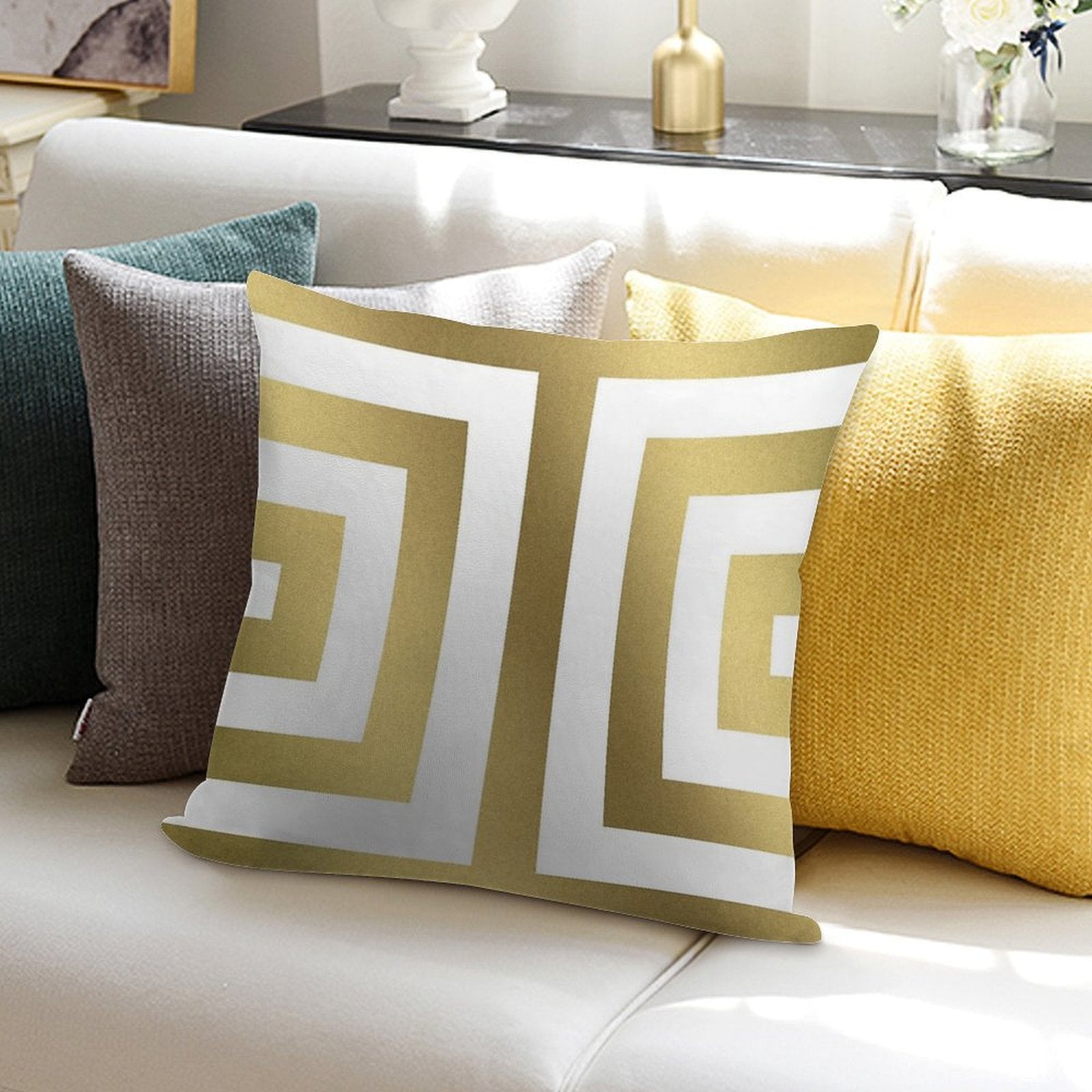 Gold Greek Stripes Soft Shrink-Resistant Throw Pillow