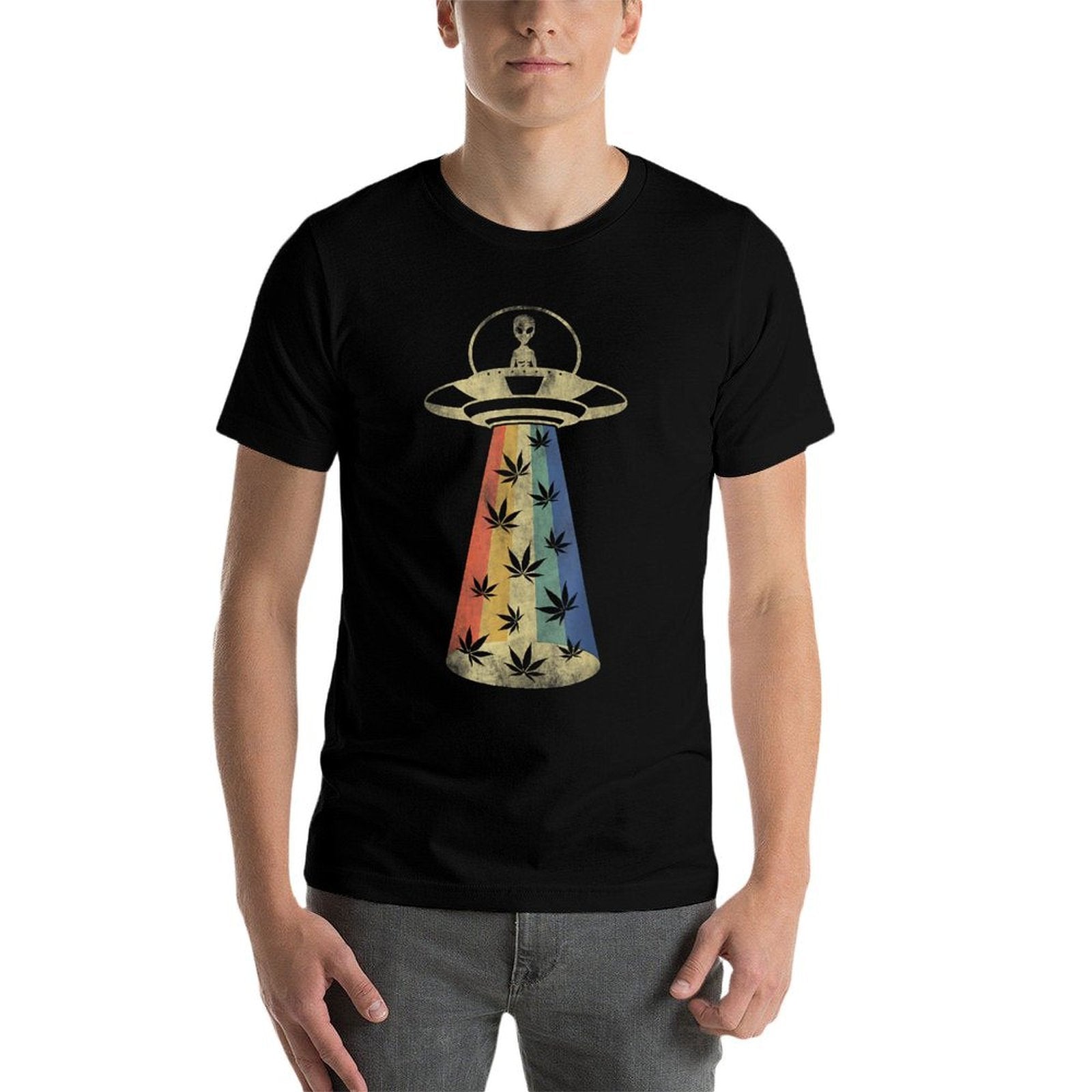 Alien UFO Abduction Weed Cannabis Marijuana Leaf Funny  Moisture-wicking T-Shirt