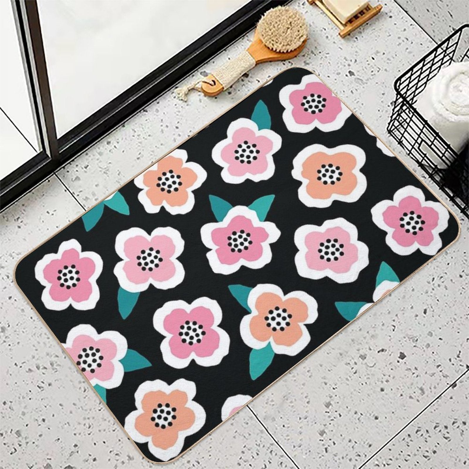Scandi Briar Roses - Pink on Black  Anti-Trip Bath Mat
