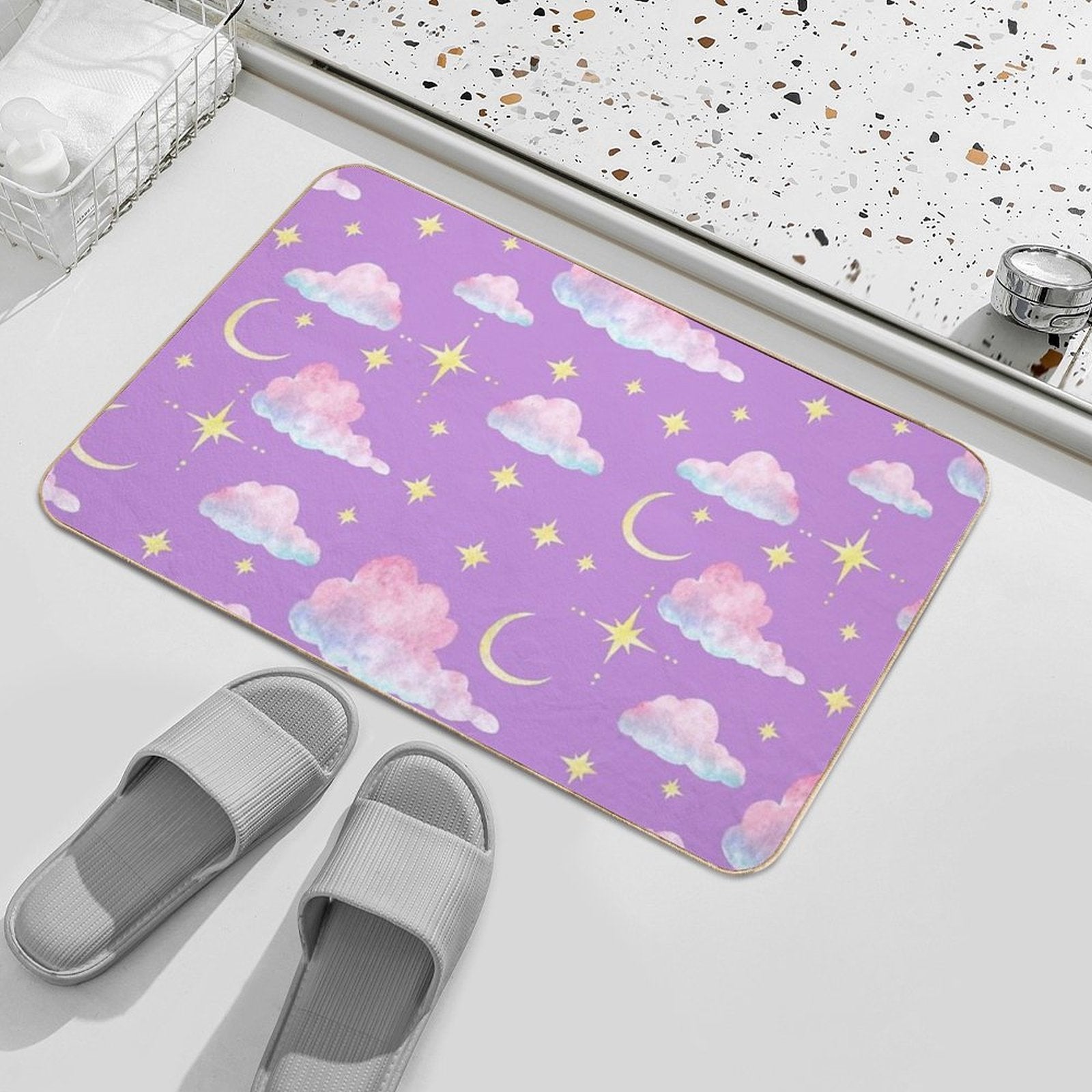 Purple Evening Sky with Moon, Stars And Clouds  Easy Maintenance Bath Mat
