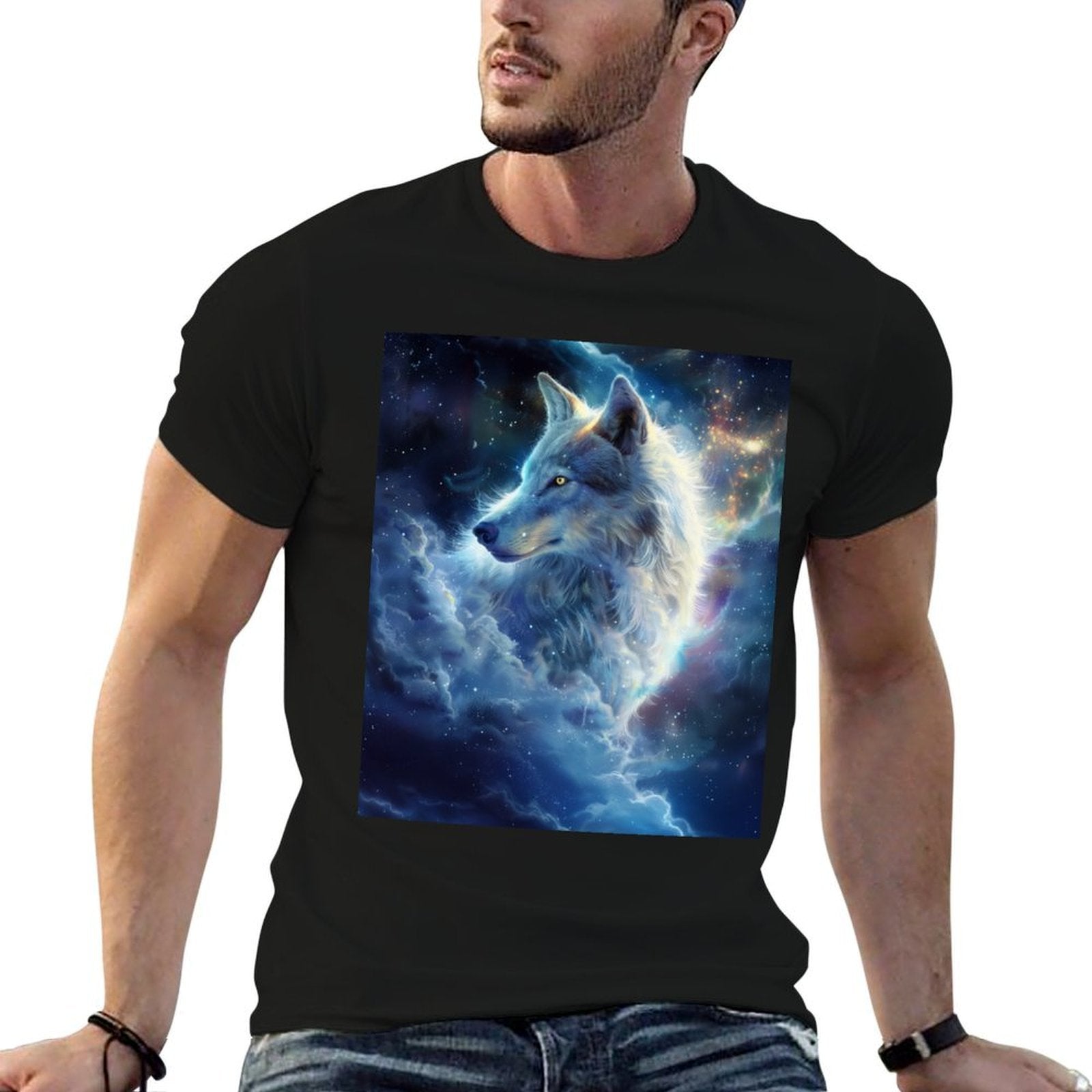 Alpha Galaxy Wolf Dark Fantasy Space Graphic Wolf Lovers  Rolled Sleeves T-Shirt