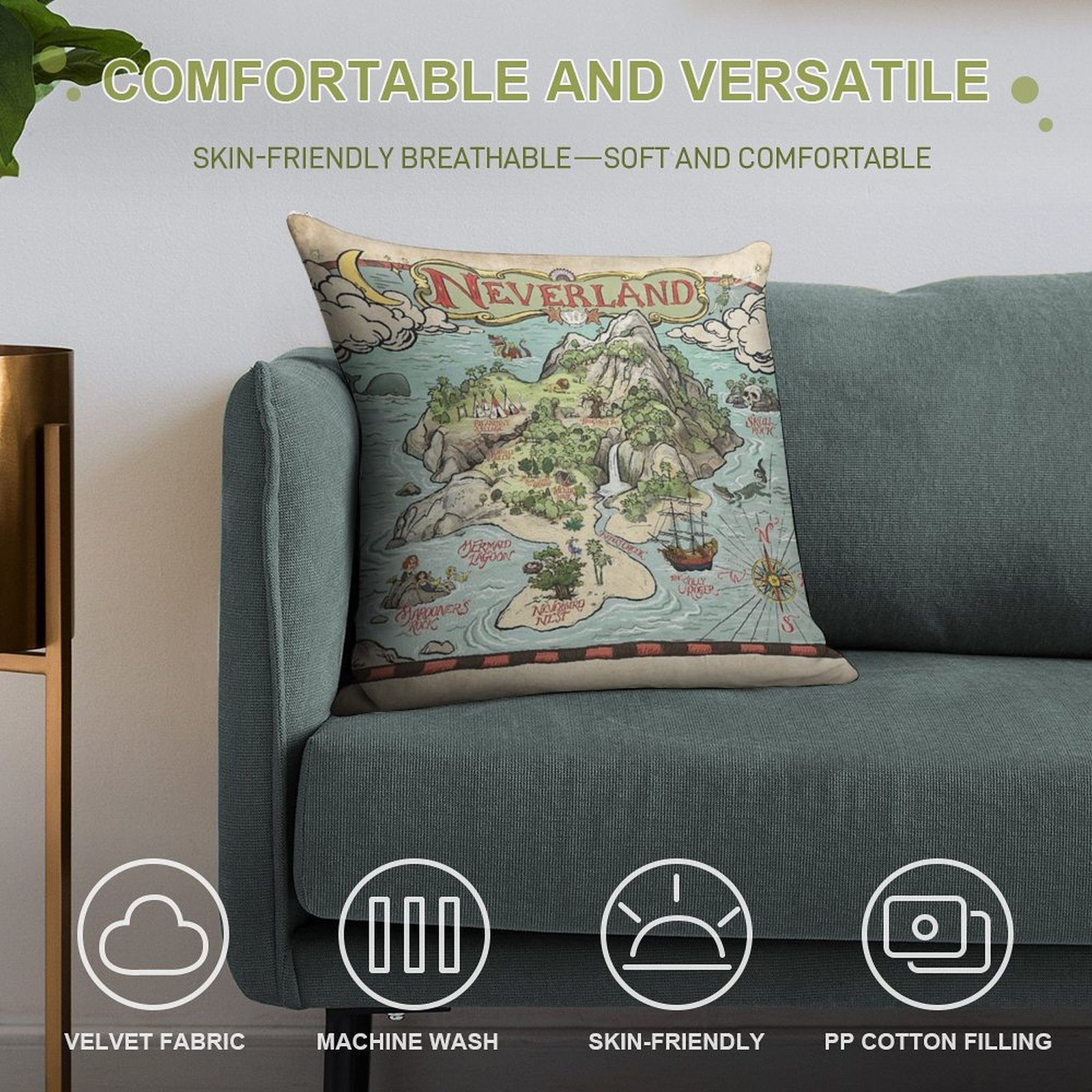 Neverland Map Soft Home Decor Throw Pillow