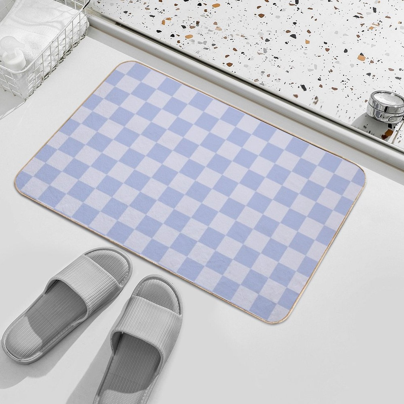Checkerboard Mini Check Pattern in Double Pale Periwinkle Purple Durable Bath Mat