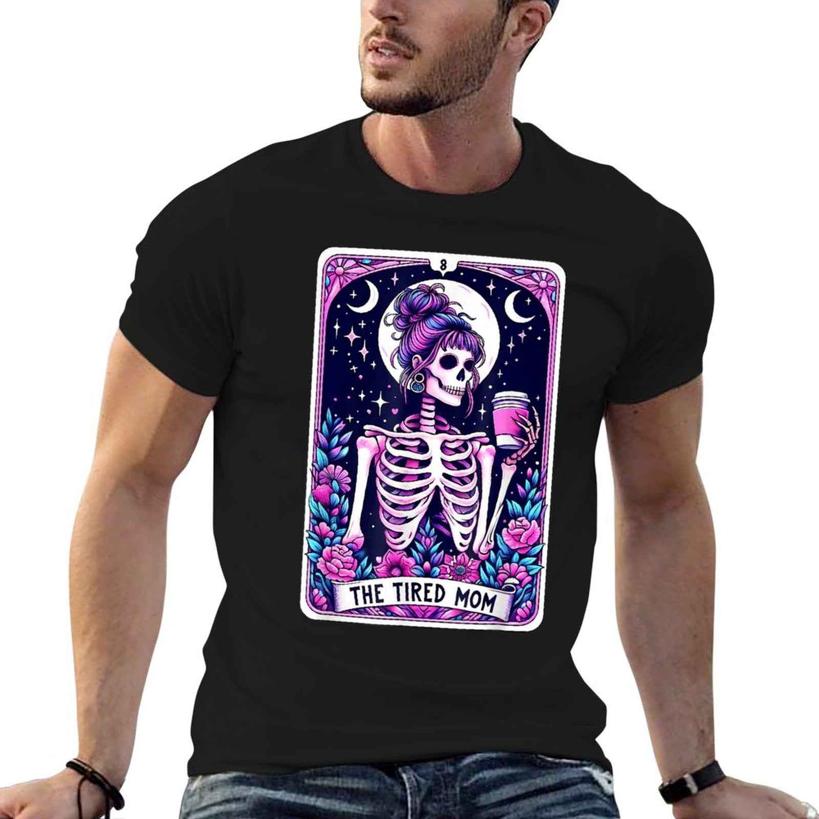 The Tired Mom Tarot Card Skeleton Mothers Day Skull Coffee  Oversized Silhouette T-Shirt