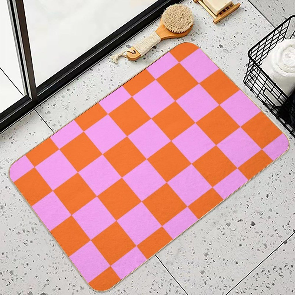 Checkerboard Retro Check Geometric Checked Pattern in Bright Orange Red And Pink  Absorbent Bath Mat
