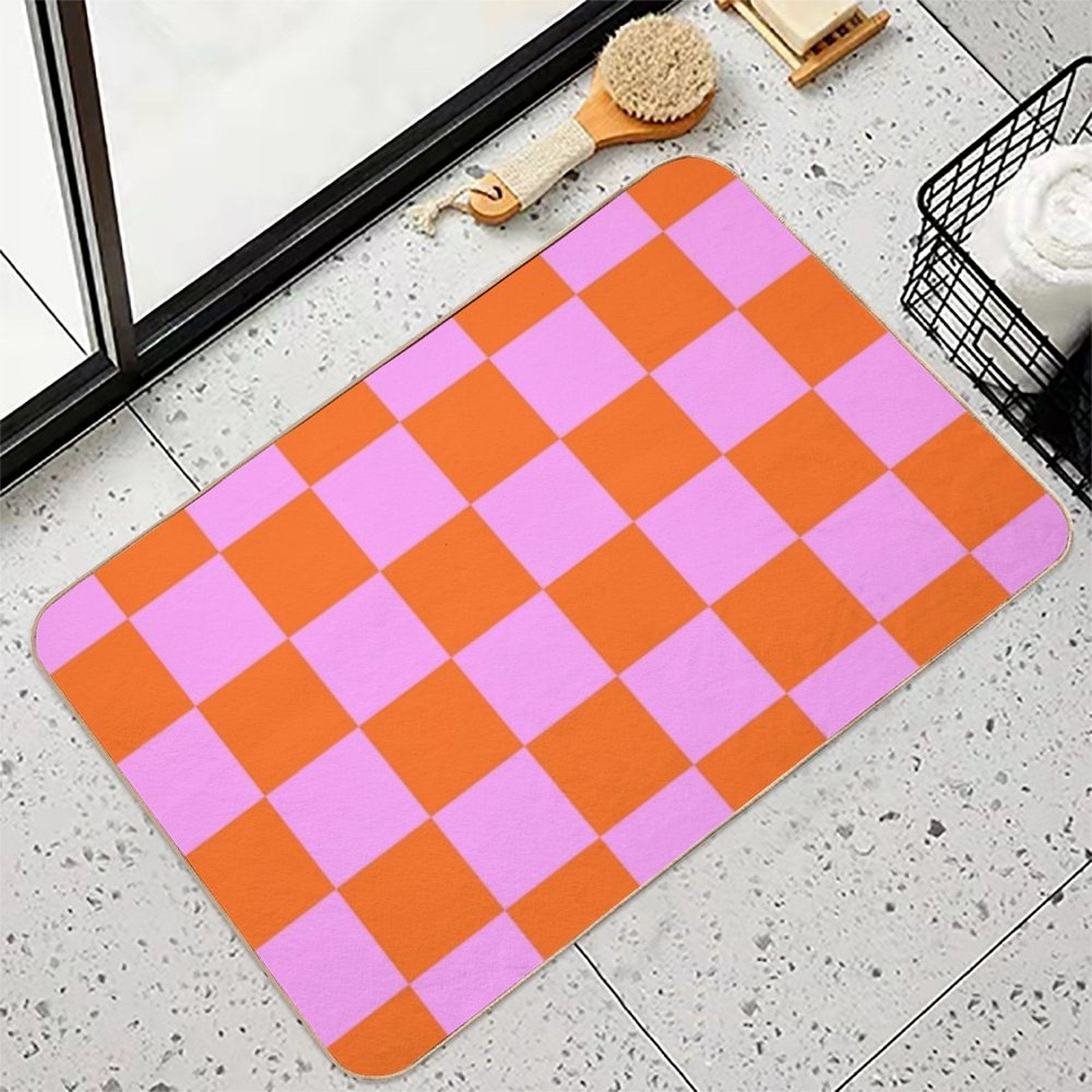 Checkerboard Retro Check Geometric Checked Pattern in Bright Orange Red And Pink  Absorbent Bath Mat