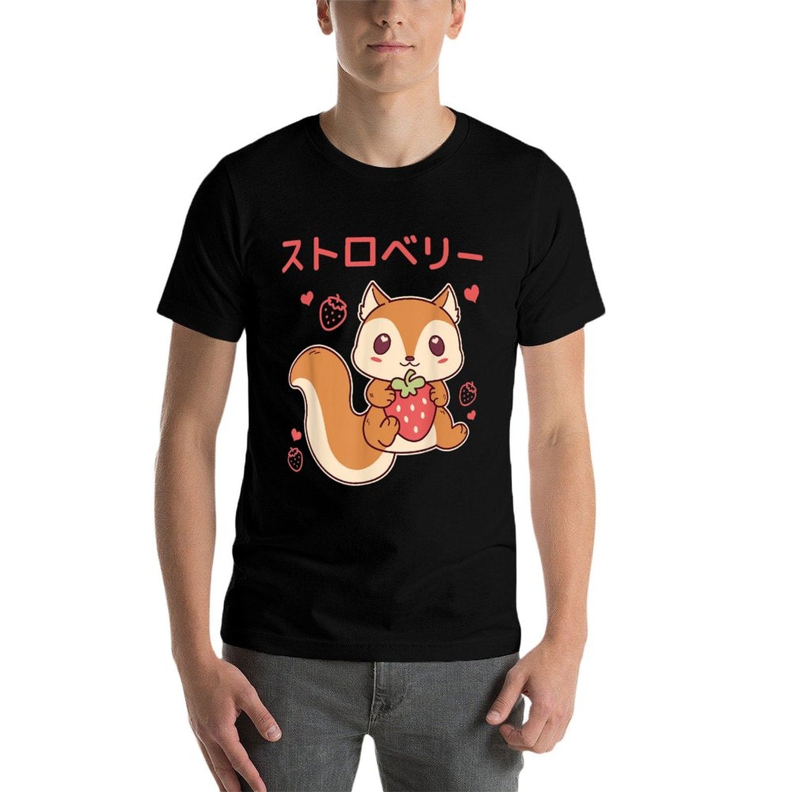 Cute Anime Squirrel Embrace Strawberry Kawaii  Rolled Sleeves T-Shirt