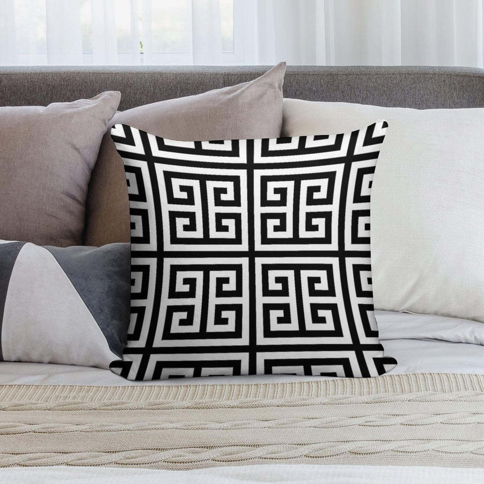 Greek Key Black And White Pattern Soft Hidden Zipper Throw Pillow