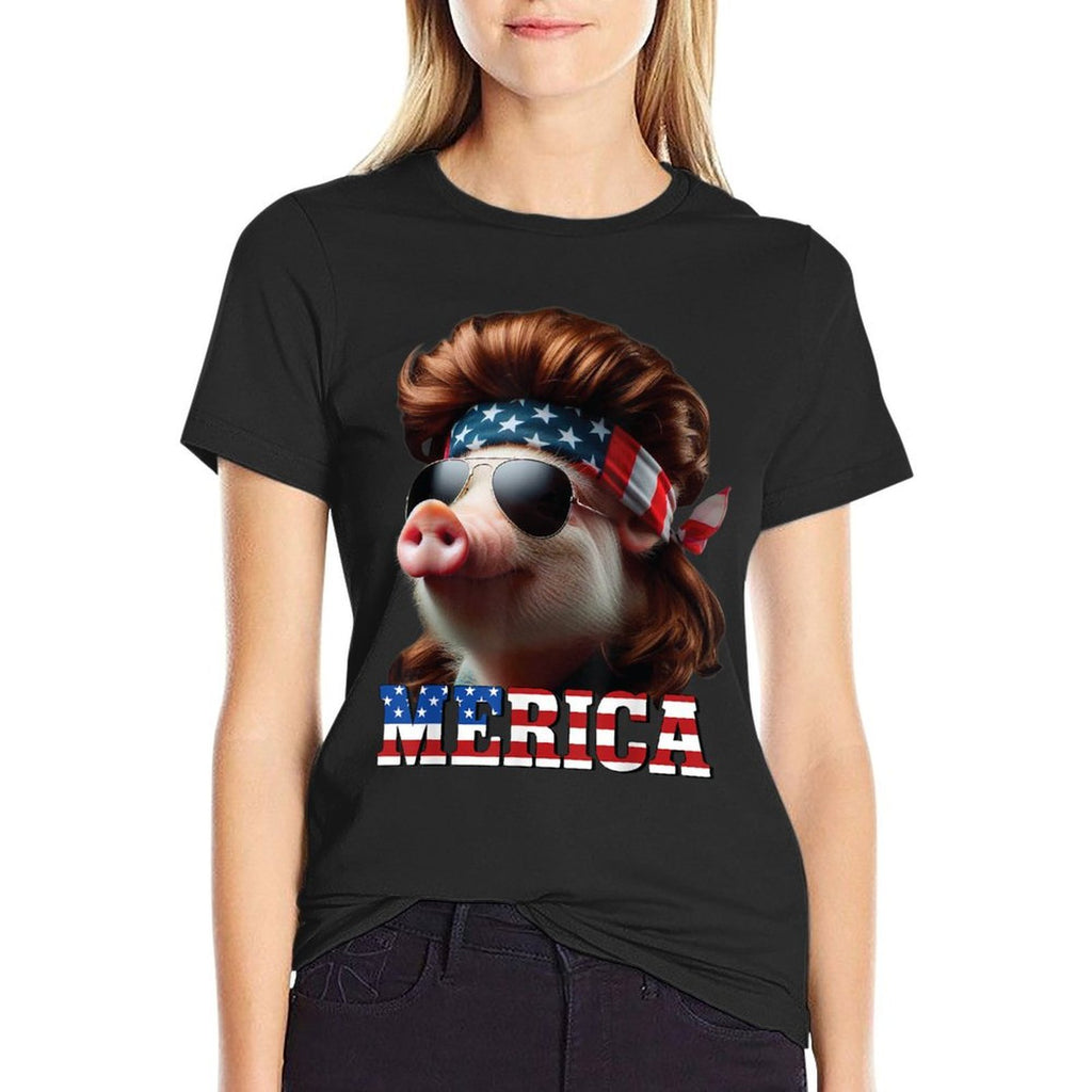 Pig Merica Mullet 4th of July And Fathers Day Man Funny  Fade-proof Color T-Shirt