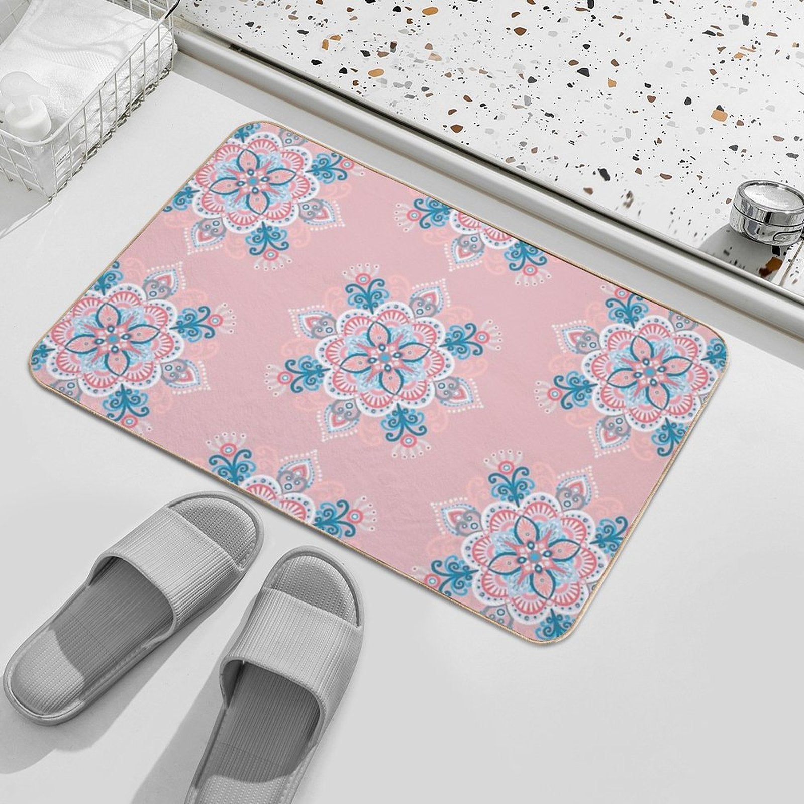 Ice Flowers Mandala Pink  Easy To Clean Bath Mat
