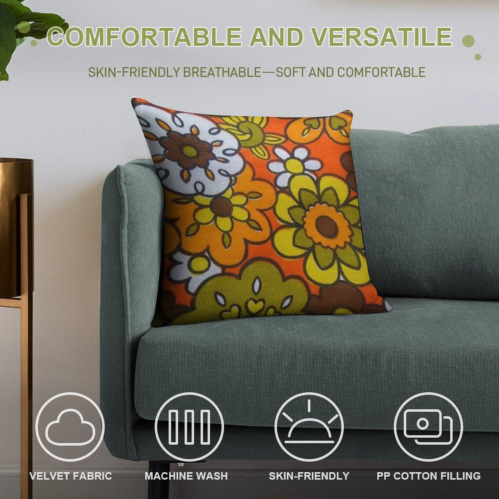 Retro Cool Mid Century Floral Fabric Design in Avocado Green, Harvest Gold, Brown, And Orange Soft Bedroom Essential Throw Pillow